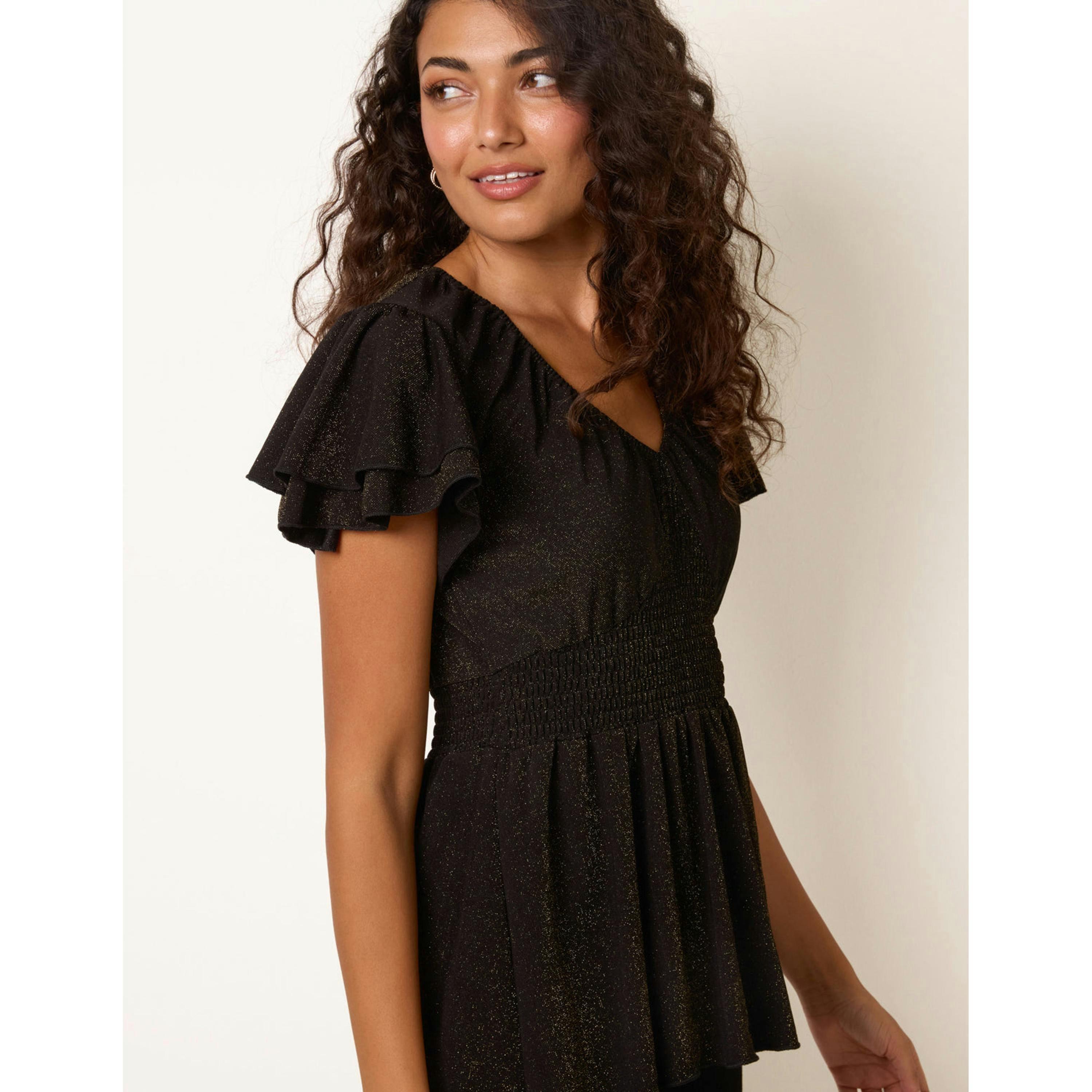 Blue Vanilla Double Frill Peplum Sparkle Top  in Black , view 4 of 4