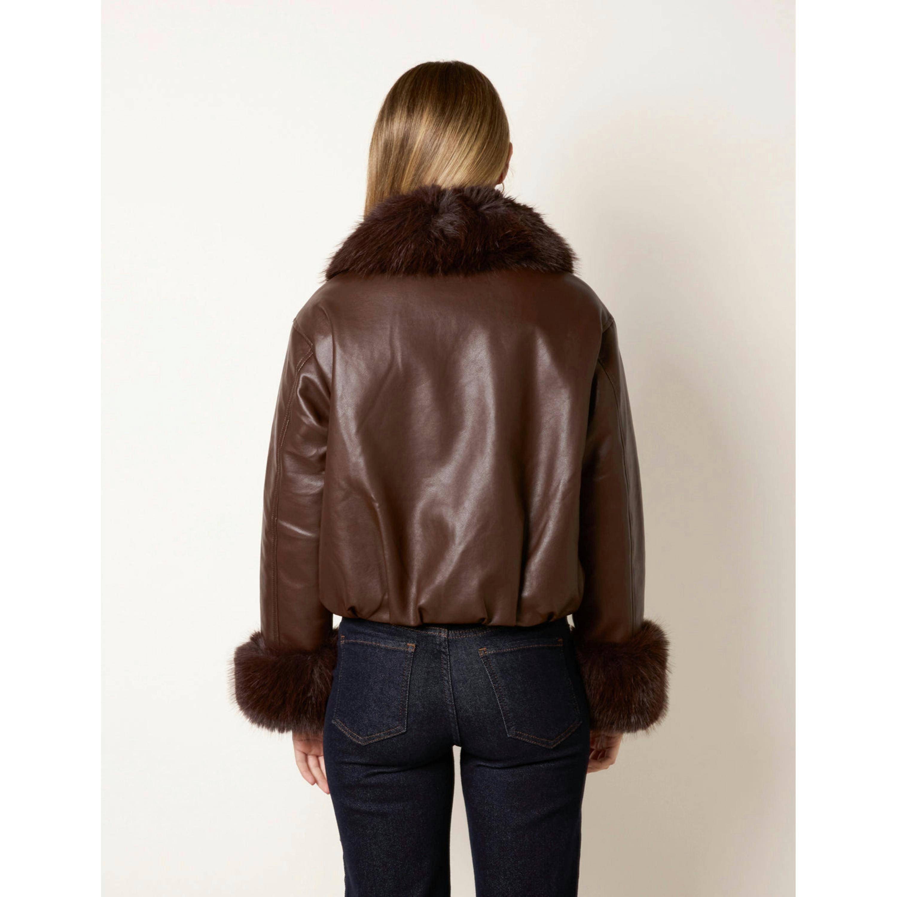 Blue Vanilla Faux Fur Collar & Cuff Cropped Jacket  in Brown , view 2 of 4