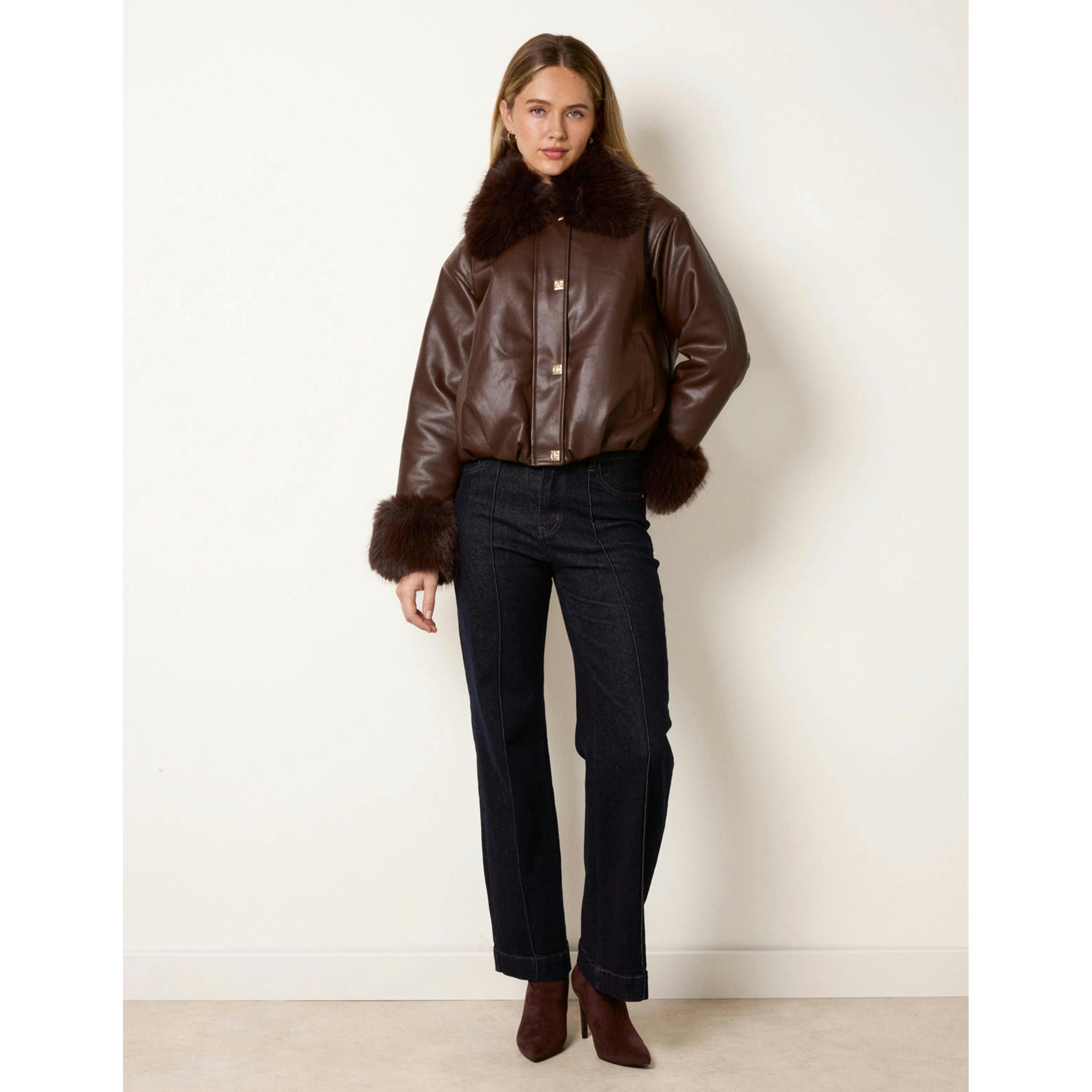 Blue Vanilla Faux Fur Collar & Cuff Cropped Jacket  in Brown , view 3 of 4