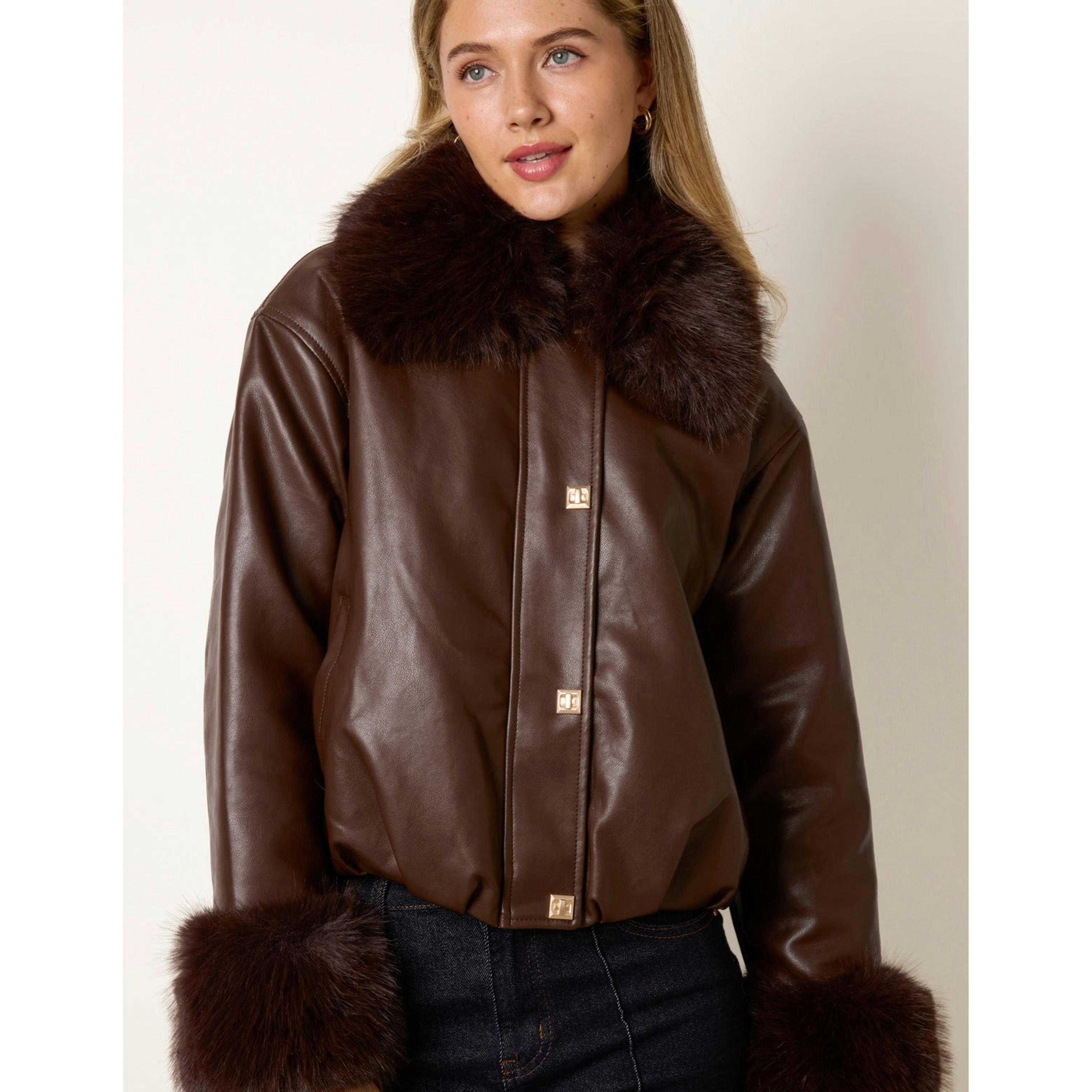 Blue Vanilla Faux Fur Collar & Cuff Cropped Jacket  in Brown , view 4 of 4