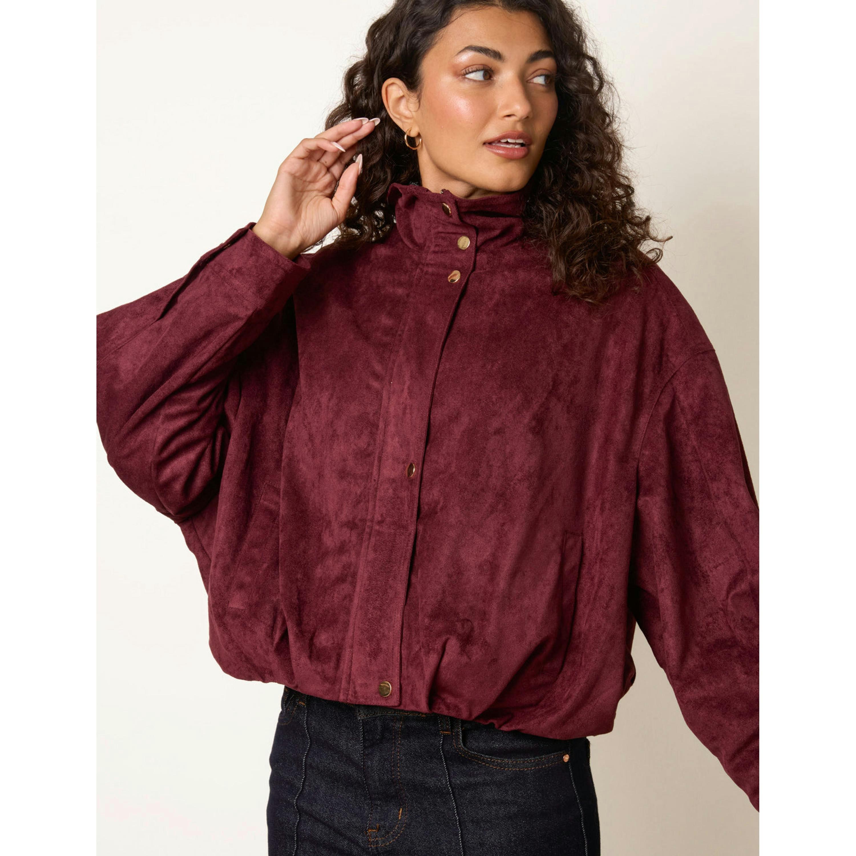 Blue Vanilla Funnel Neck Suede Jacket  in Wine , view 3 of 4