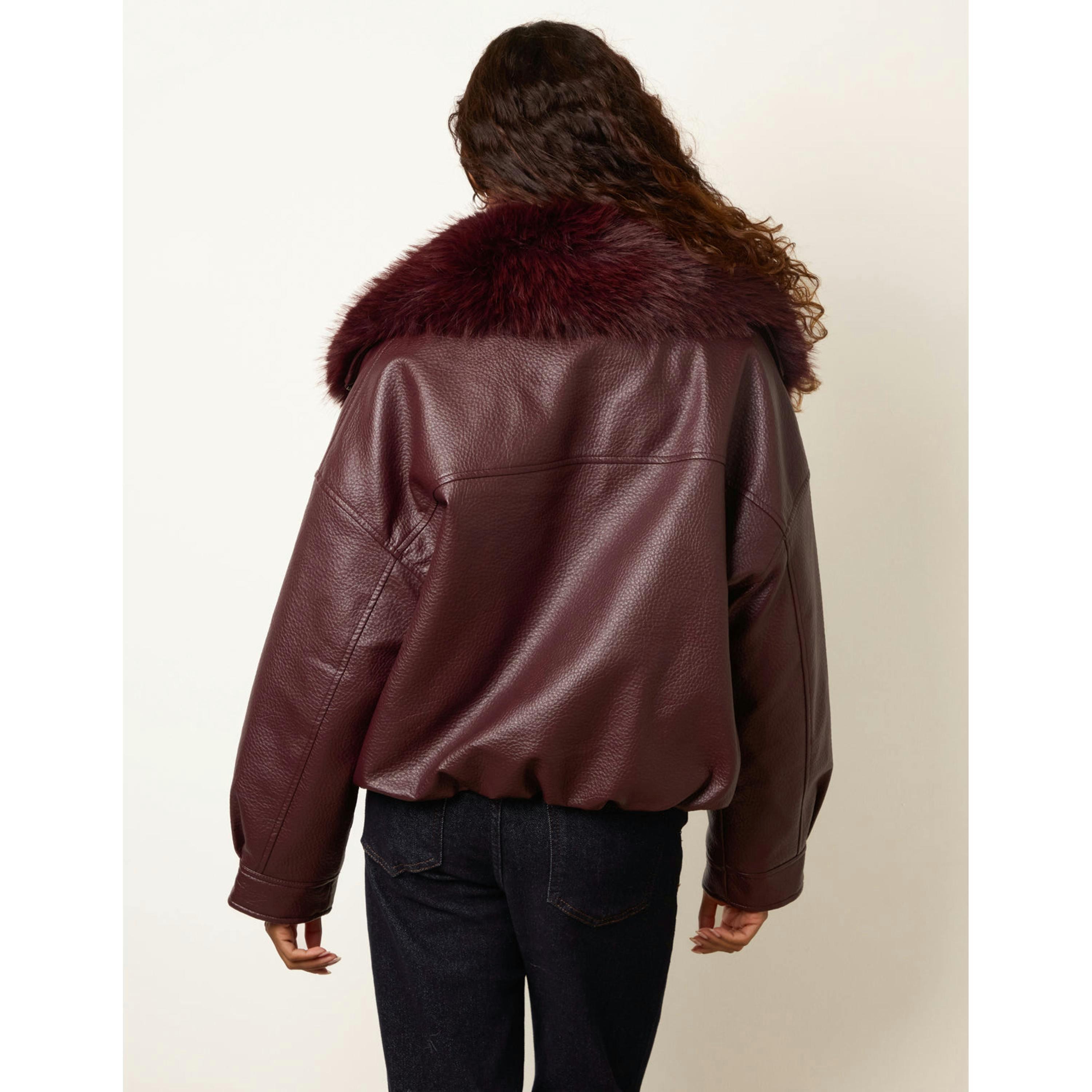 Blue Vanilla PU Faux Fur Trimmed Jacket  in Wine , view 2 of 4