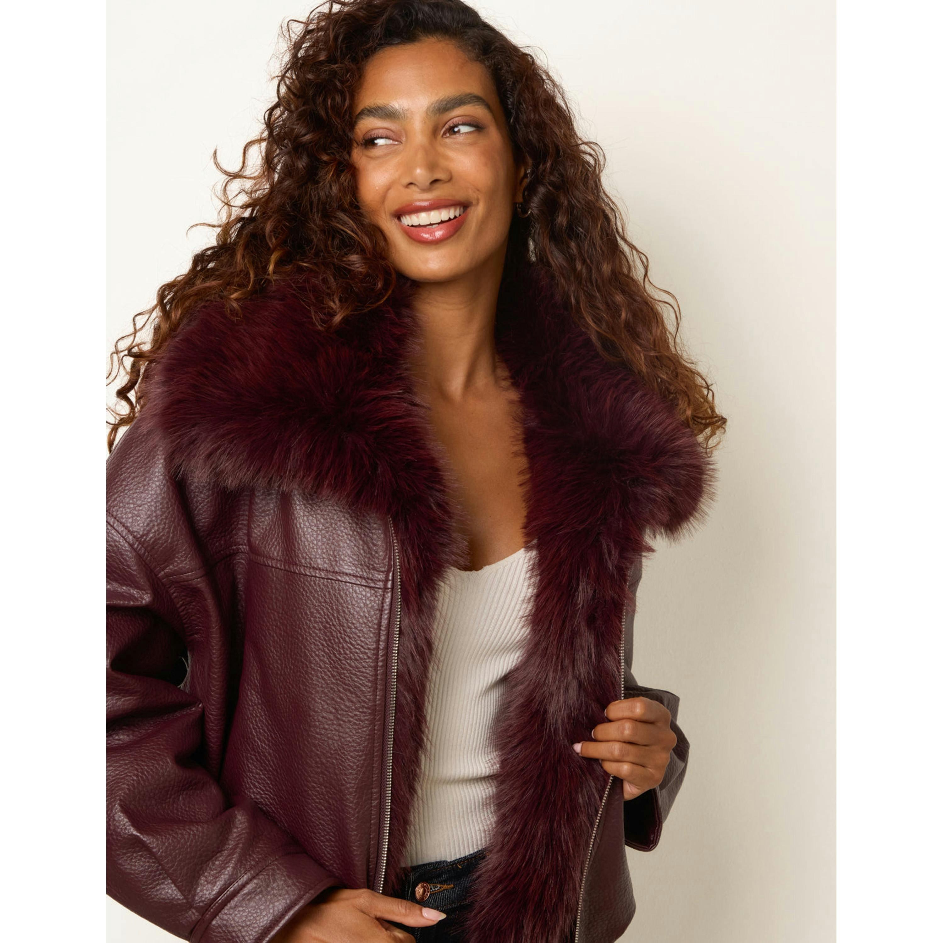 Blue Vanilla PU Faux Fur Trimmed Jacket  in Wine , view 3 of 4