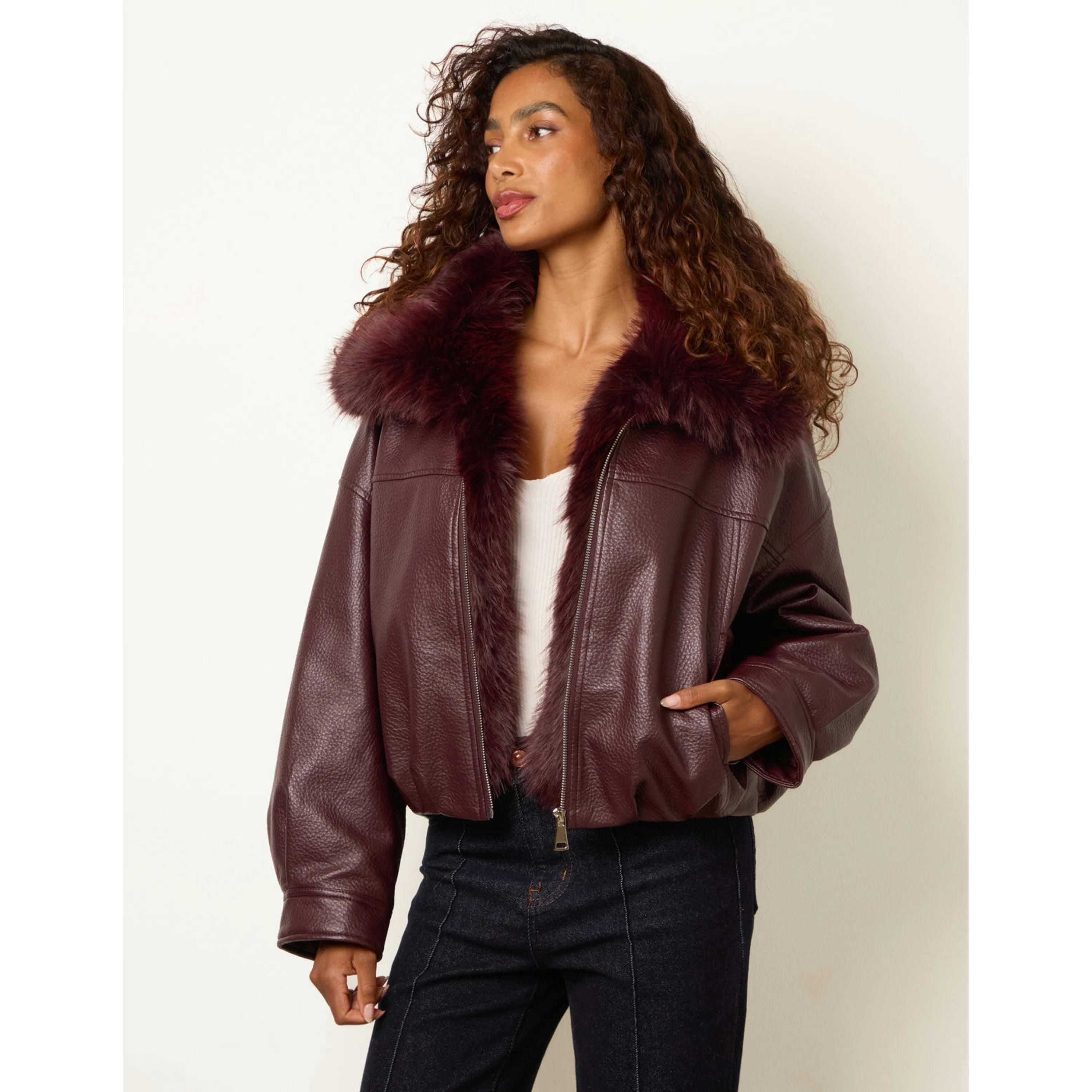 Blue Vanilla PU Faux Fur Trimmed Jacket  in Wine , view 4 of 4