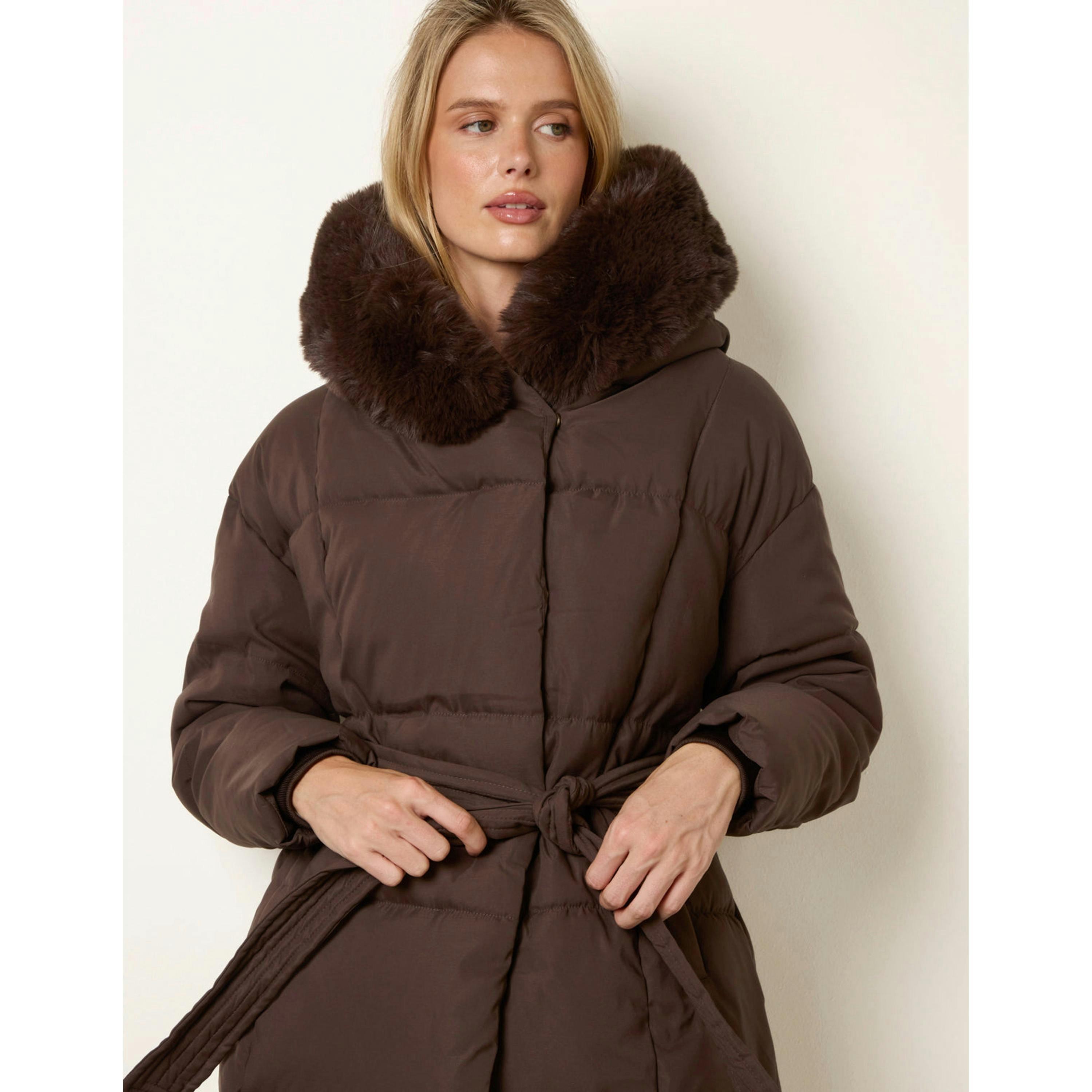 Blue Vanilla Faux Fur Hood Short Puffer Coat  in Brown , view 3 of 4