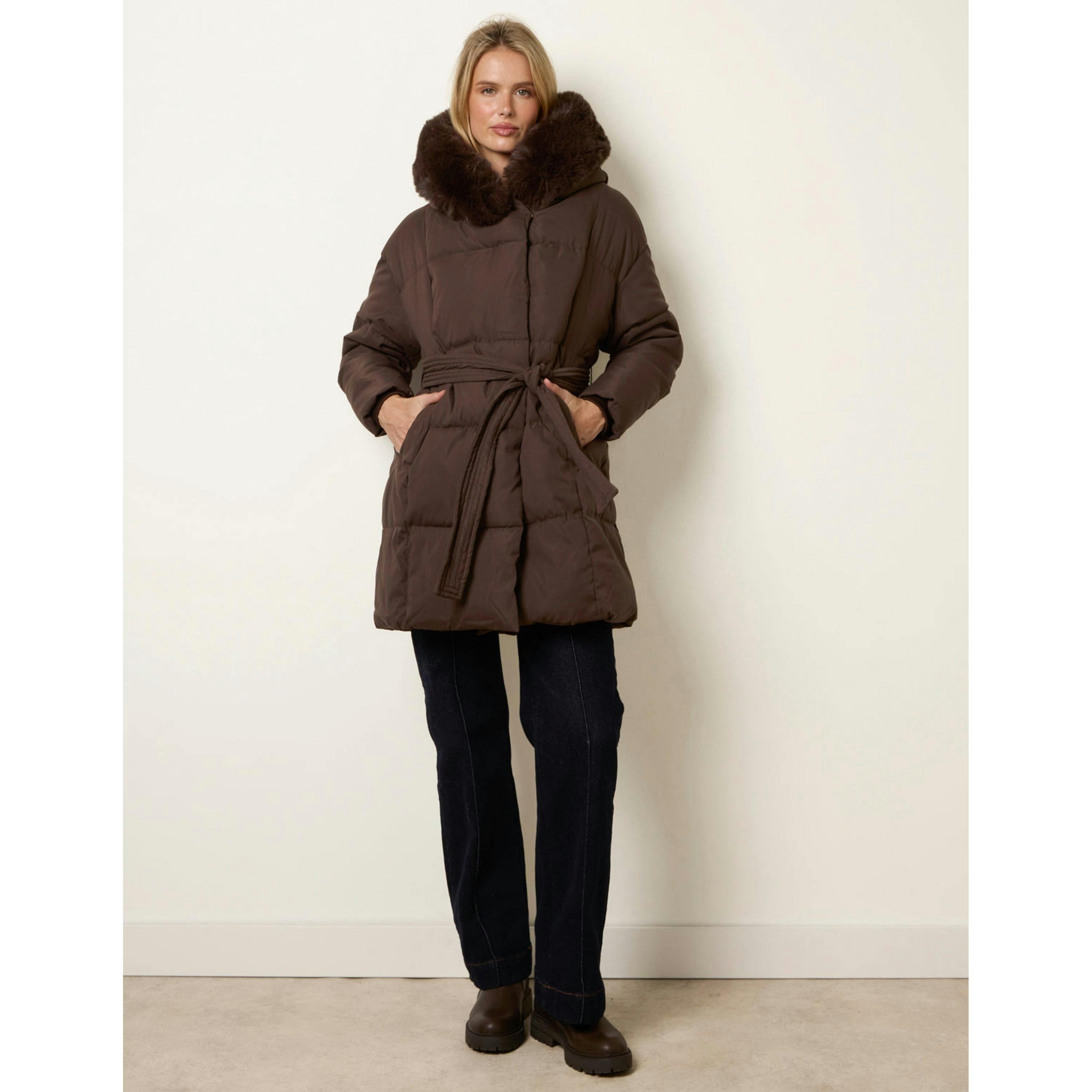 Blue Vanilla Faux Fur Hood Short Puffer Coat  in Brown , view 4 of 4