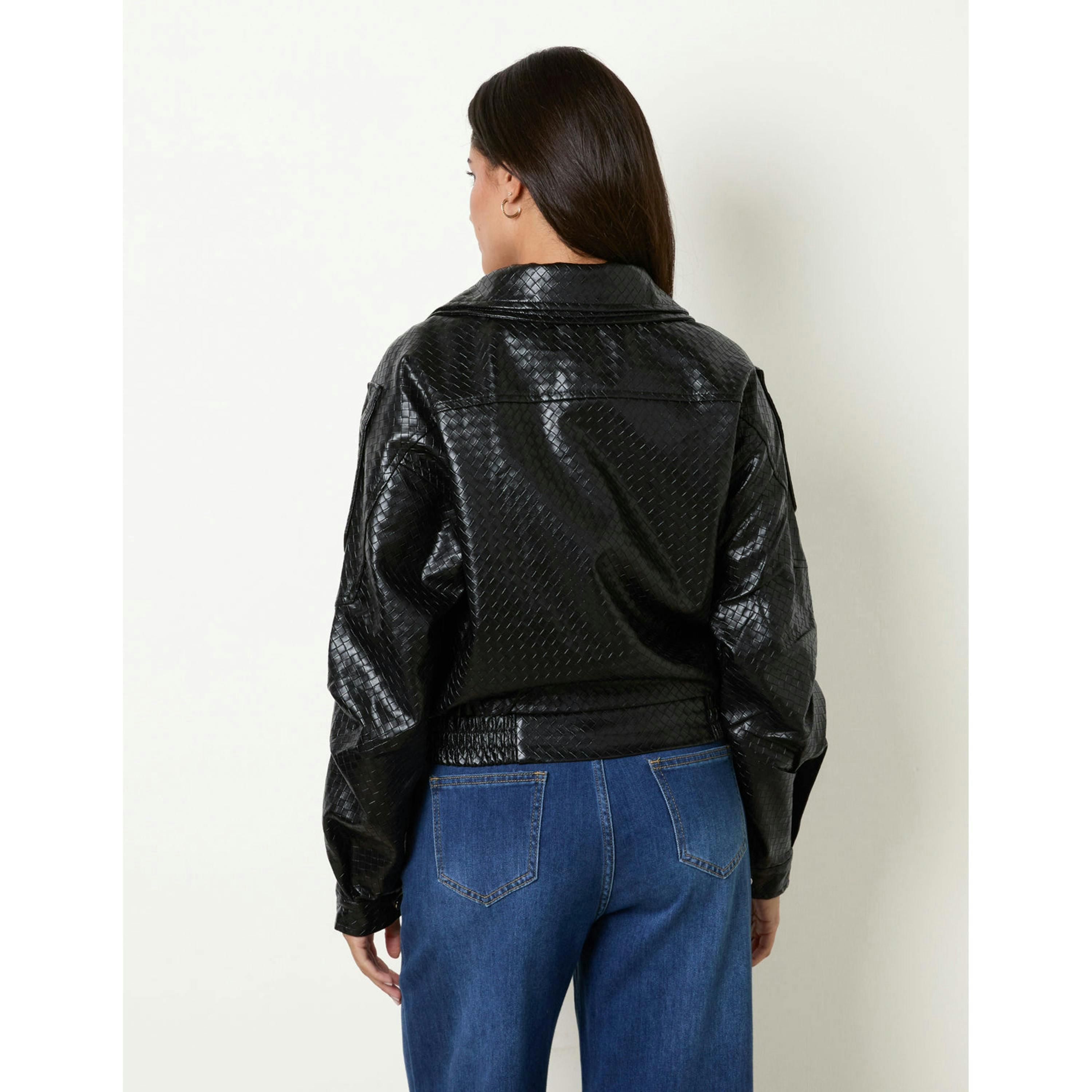 Blue Vanilla Textured Pu Biker Jacket  in Black , view 2 of 4