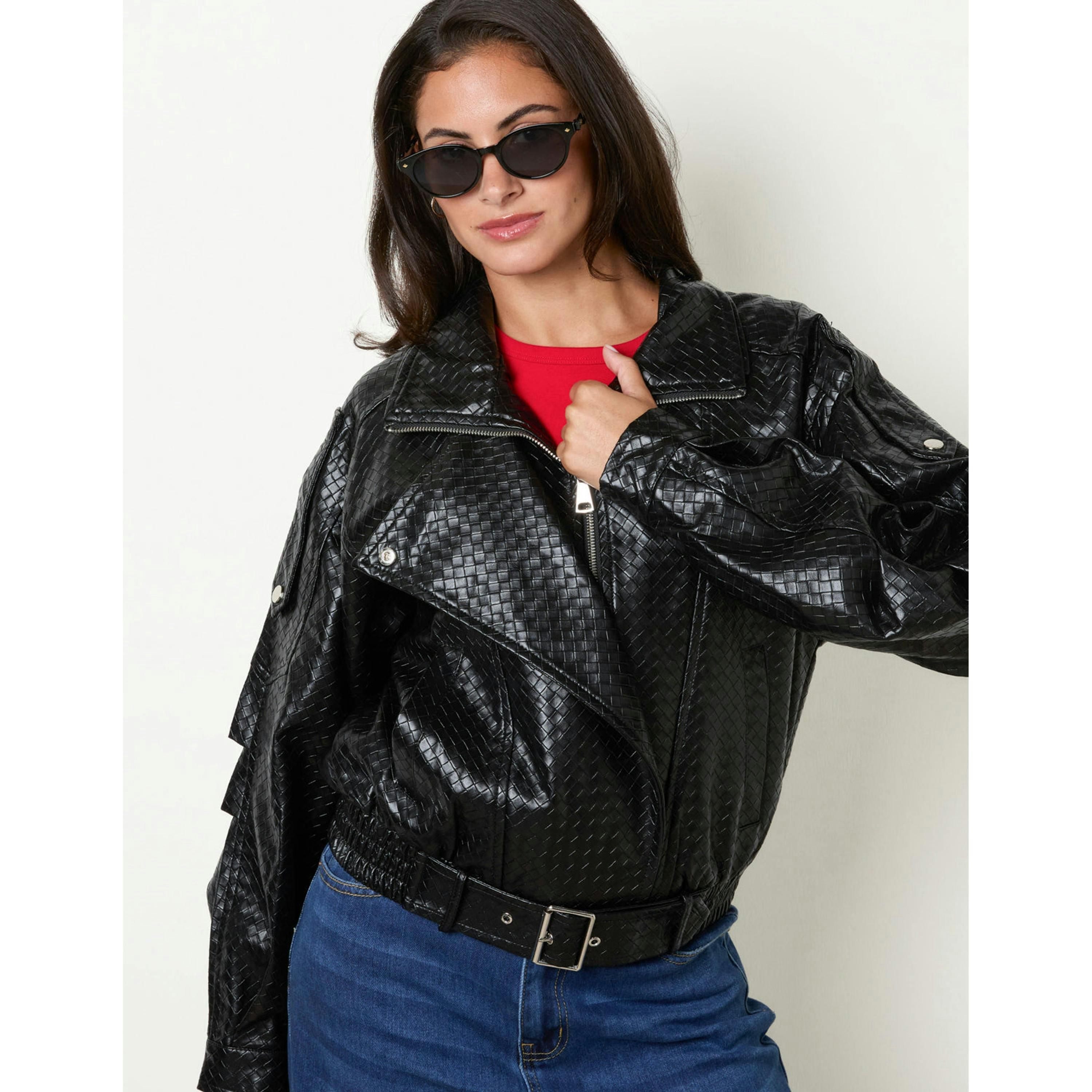 Blue Vanilla Textured Pu Biker Jacket  in Black , view 3 of 4