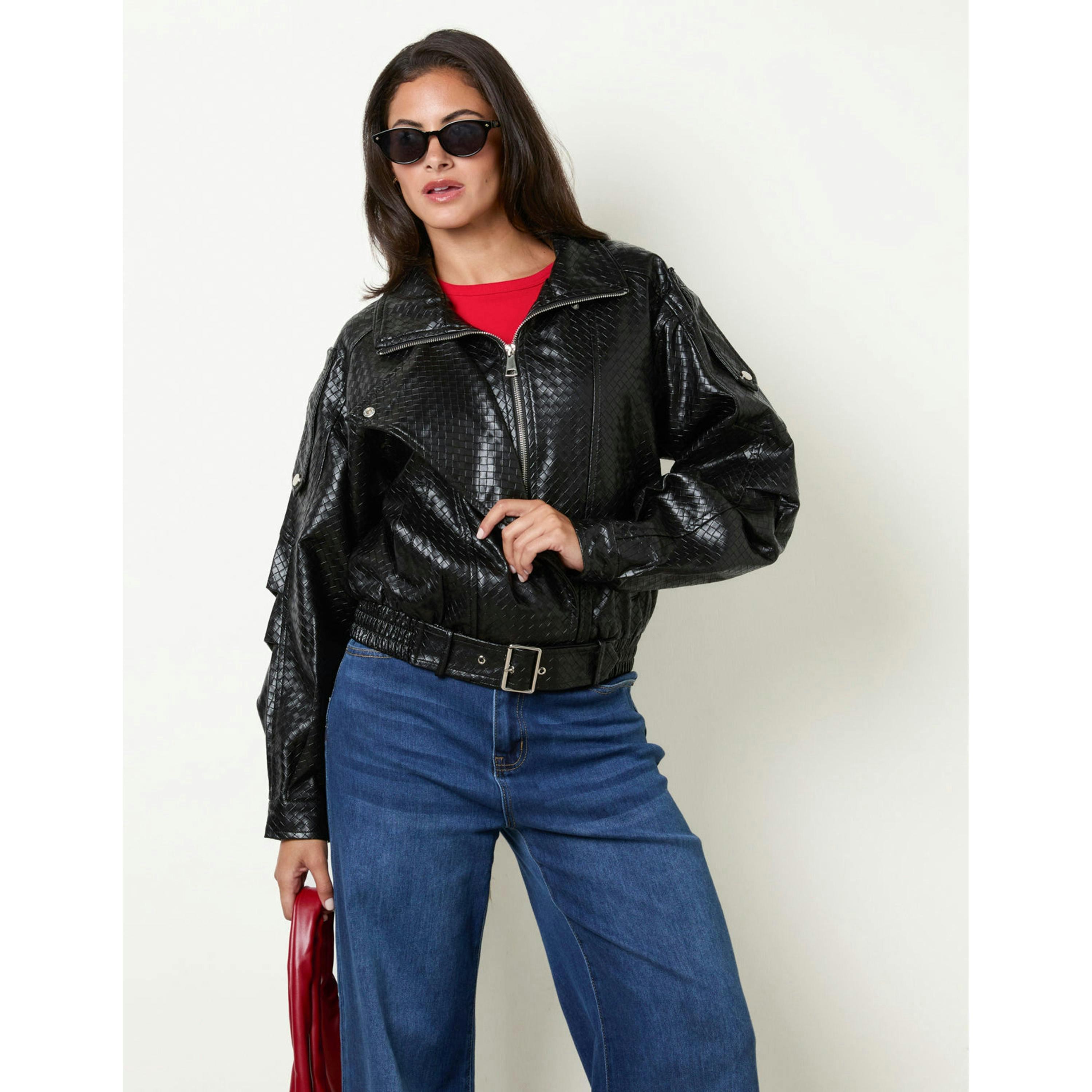 Blue Vanilla Textured Pu Biker Jacket  in Black , view 4 of 4