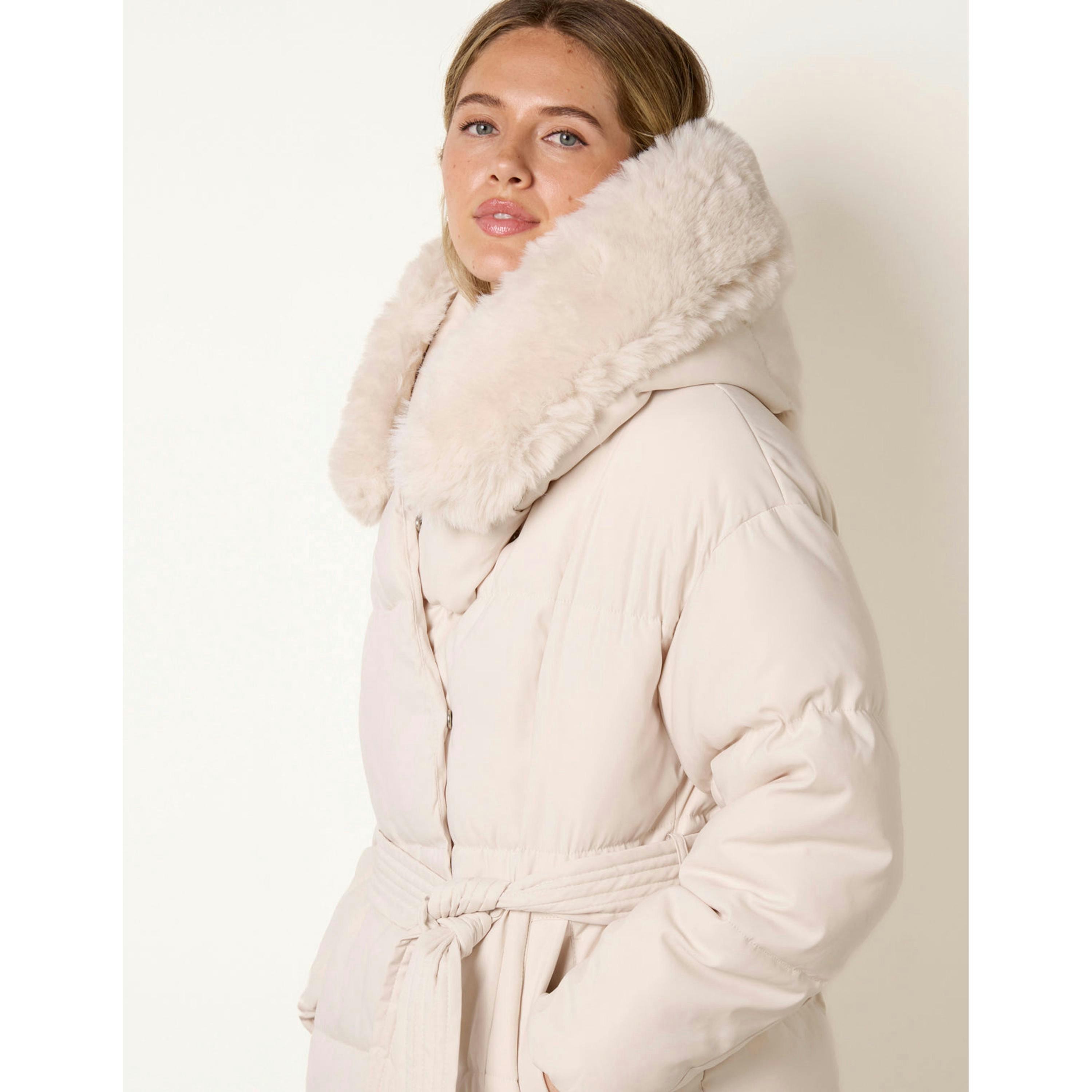 Blue Vanilla Faux Fur Hood Short Puffer Coat  in Stone , view 3 of 4