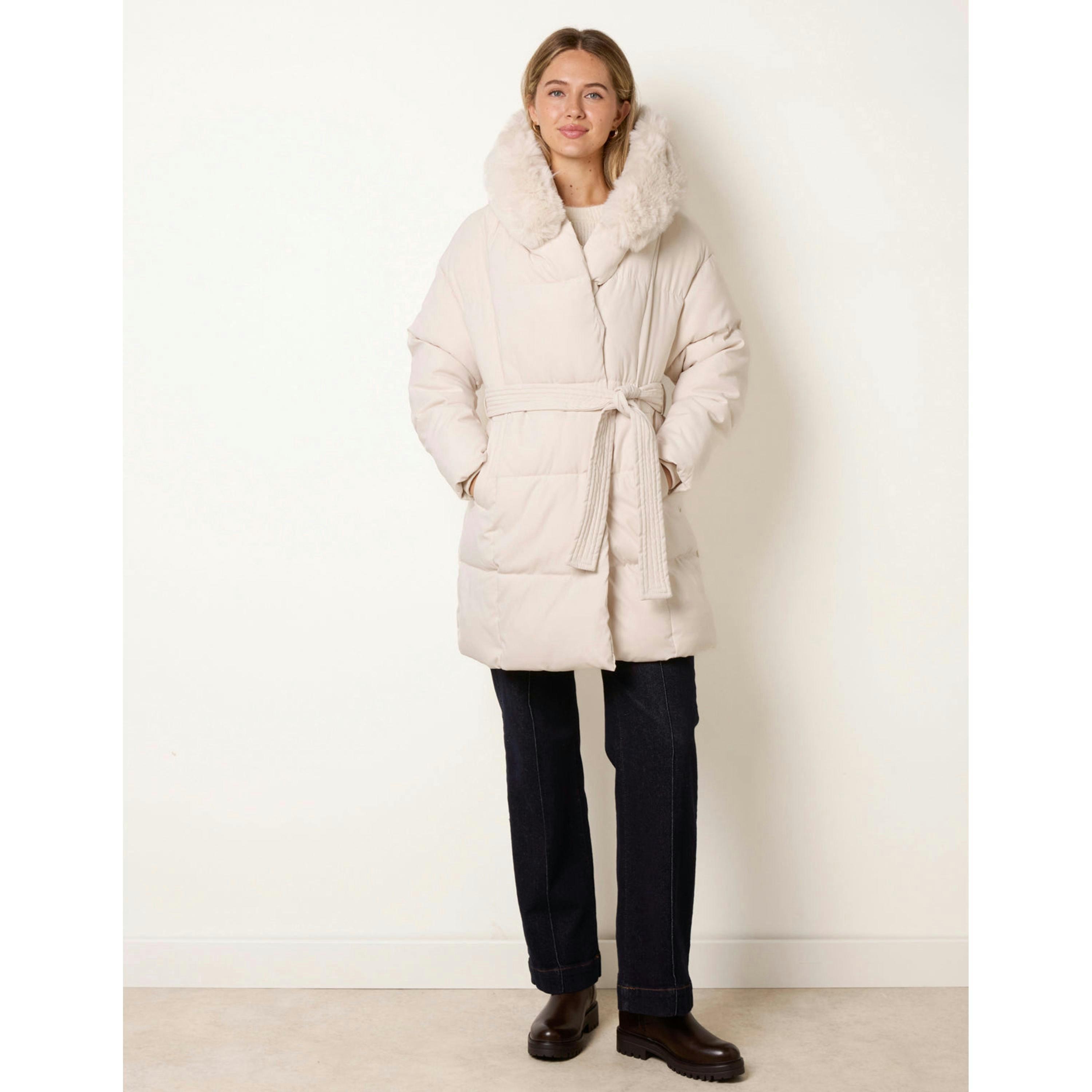 Blue Vanilla Faux Fur Hood Short Puffer Coat  in Stone , view 4 of 4