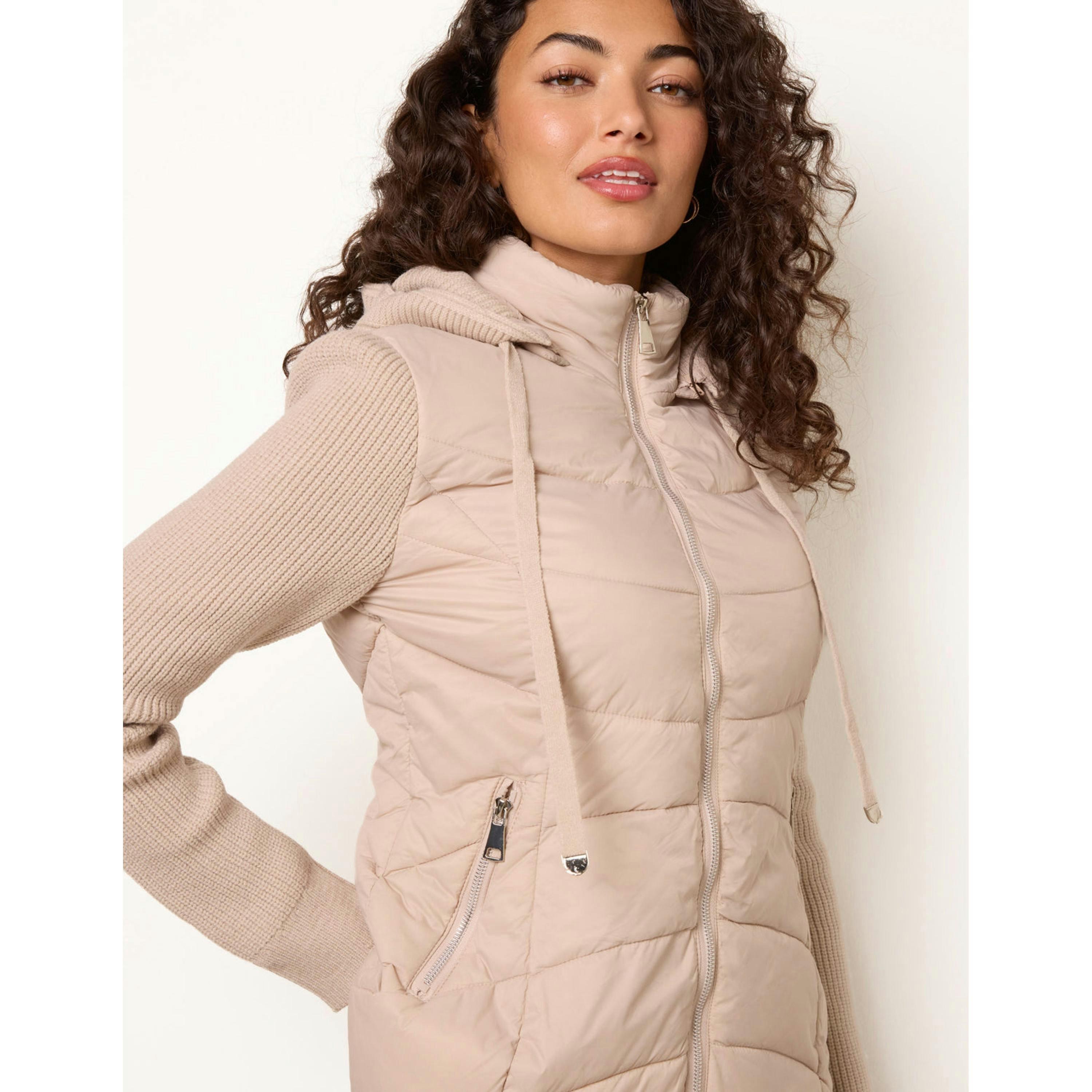Blue Vanilla Knitted Sleeve Puffer Jacket  in Stone , view 3 of 4