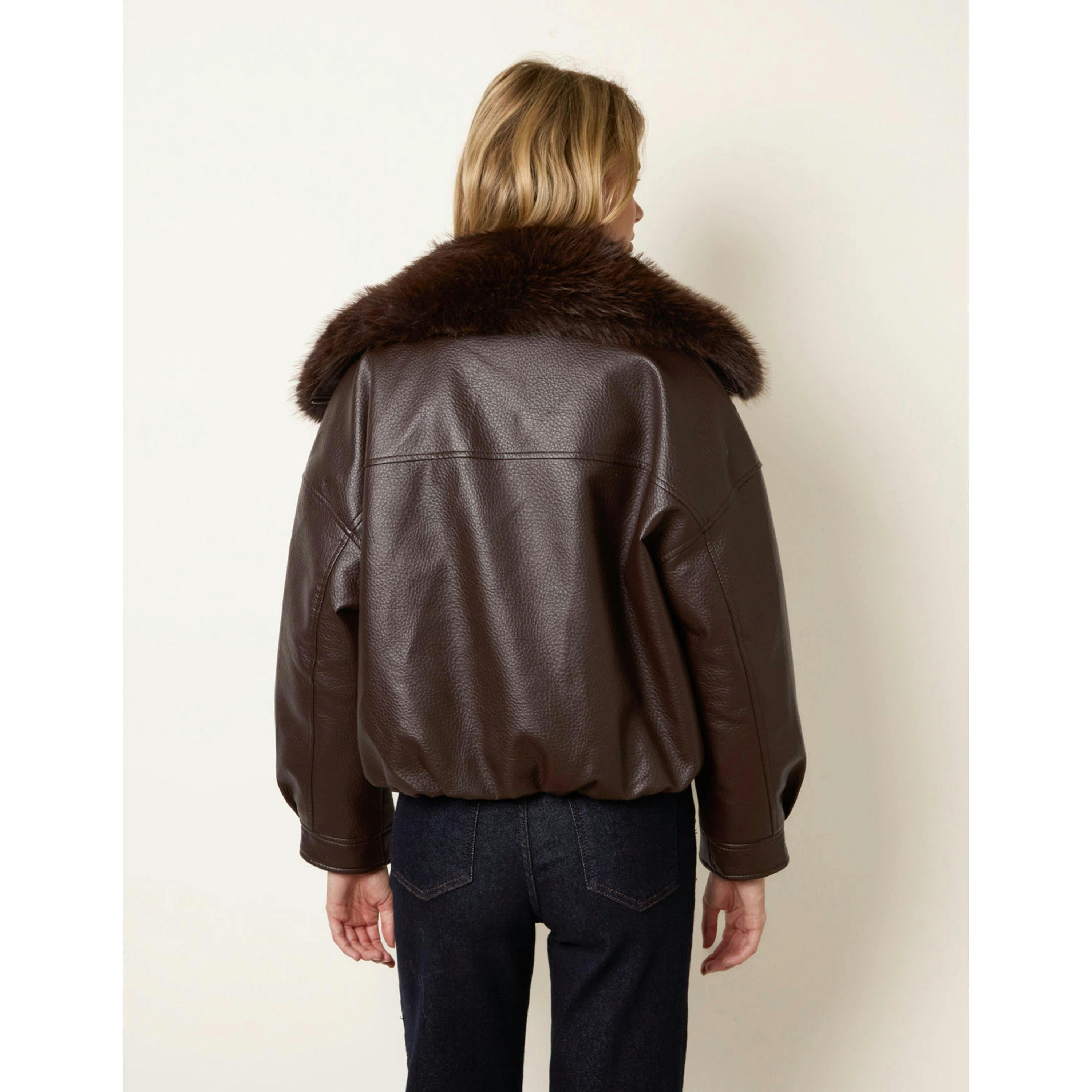Blue Vanilla PU Faux Fur Trimmed Jacket  in Brown , view 2 of 6