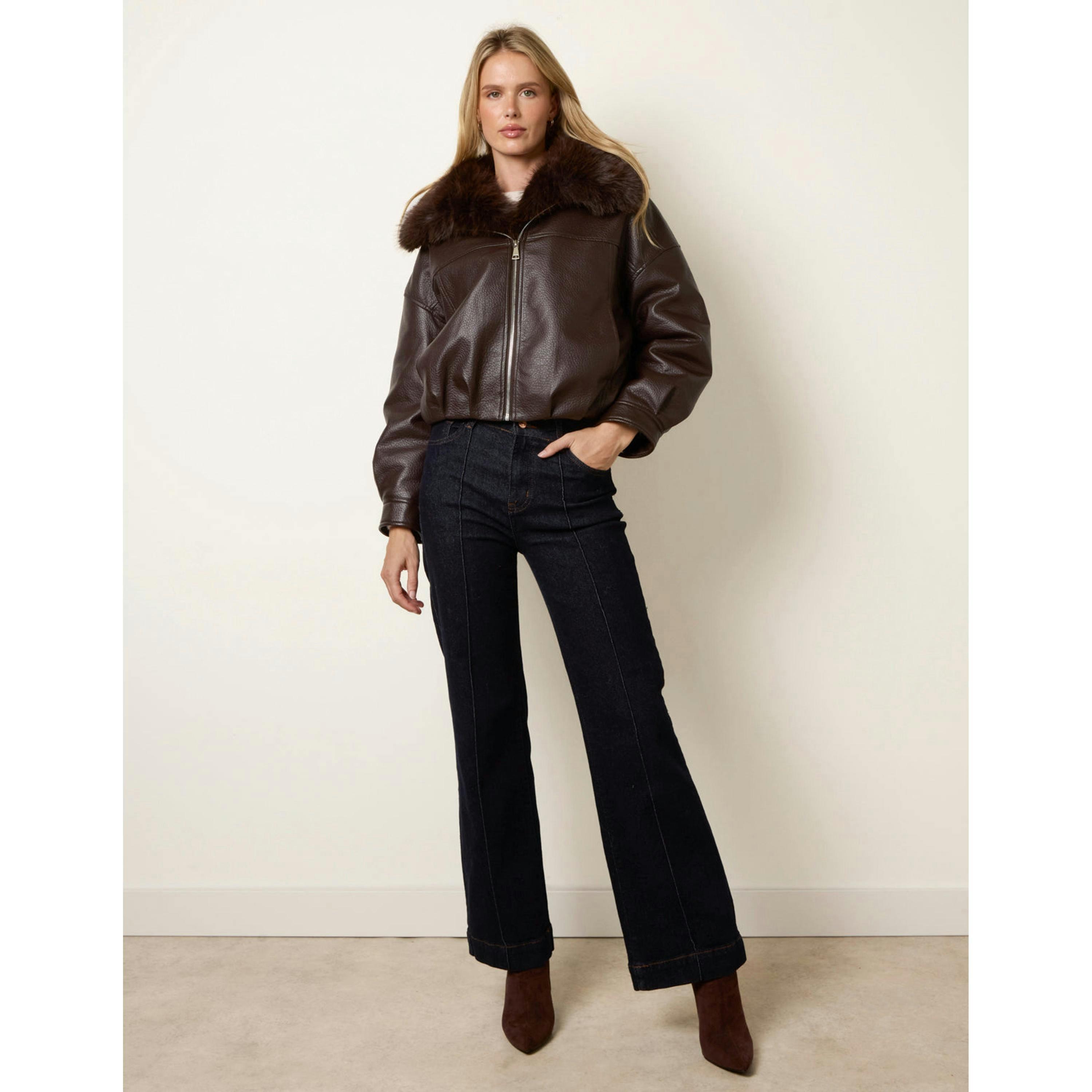 Blue Vanilla PU Faux Fur Trimmed Jacket  in Brown , view 3 of 6