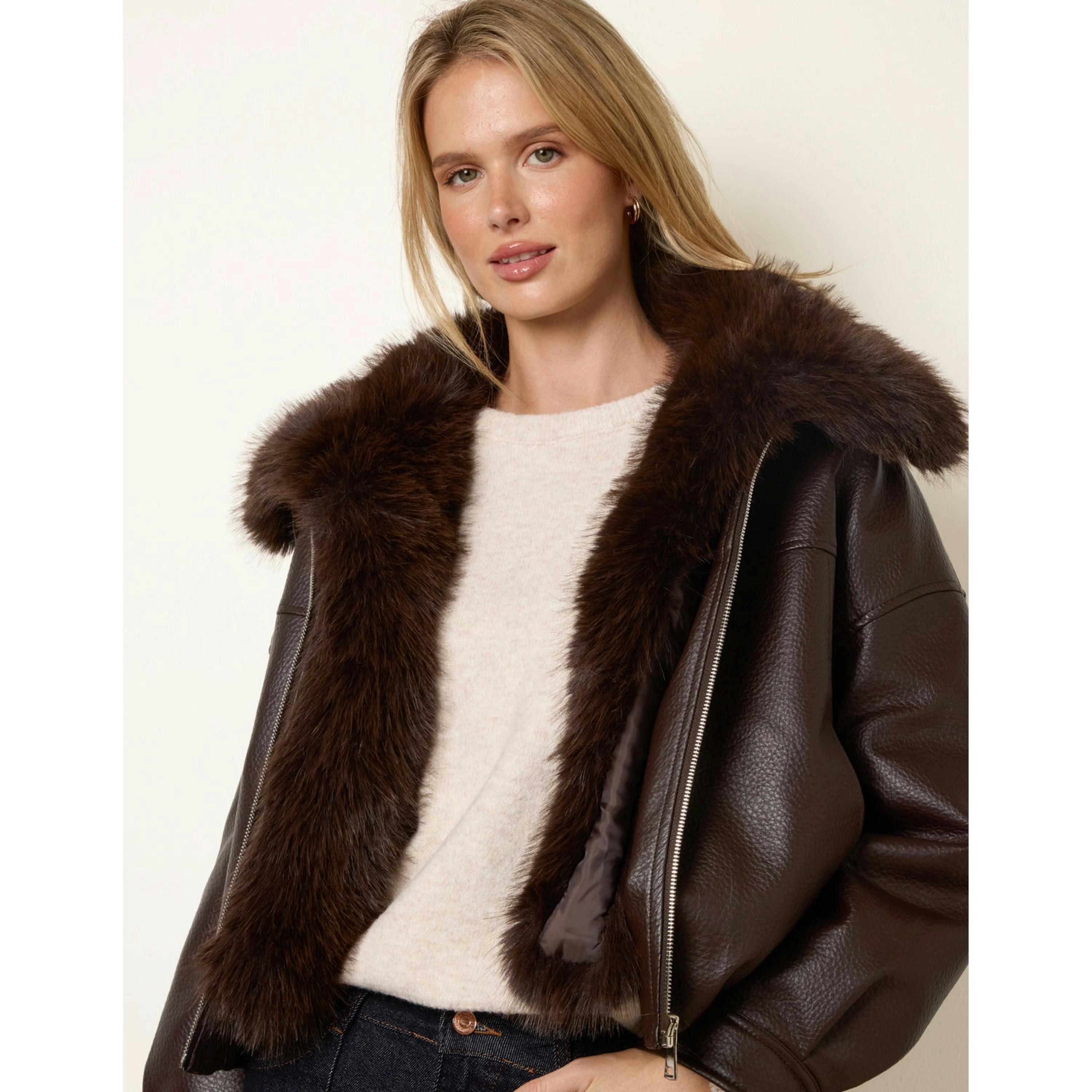 Blue Vanilla PU Faux Fur Trimmed Jacket  in Brown , view 4 of 6