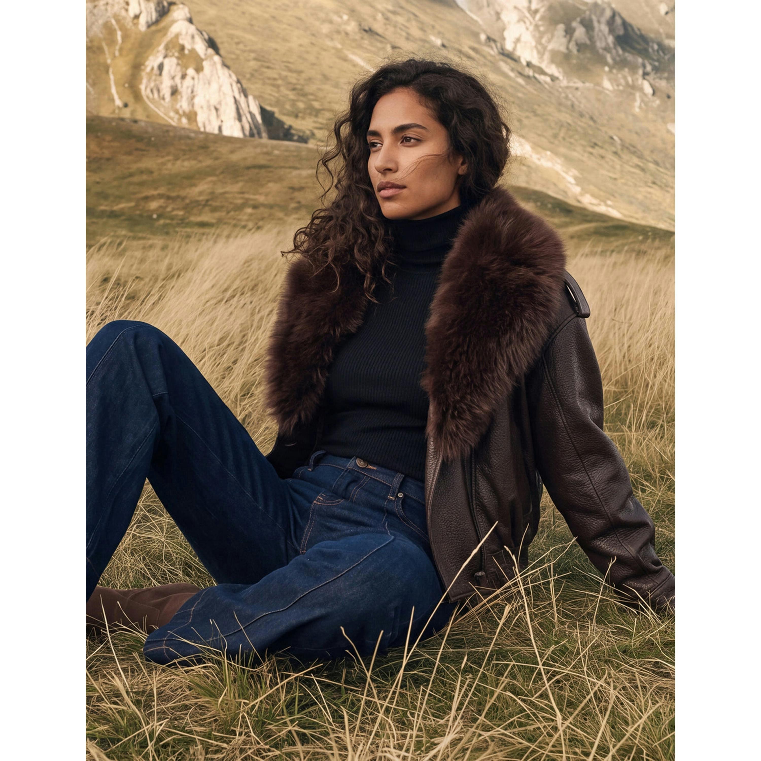 Blue Vanilla PU Faux Fur Trimmed Jacket  in Brown , view 6 of 6