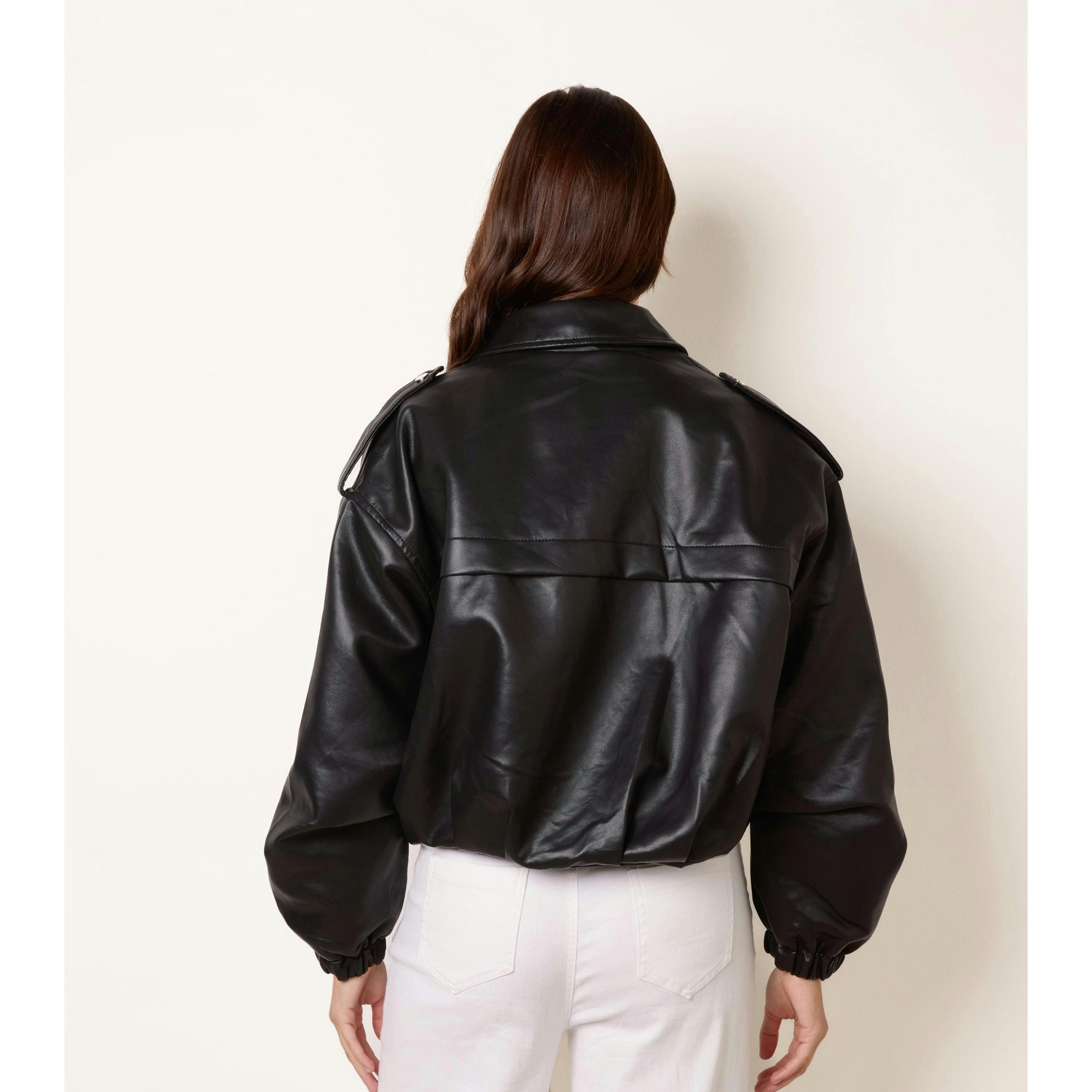 Blue Vanilla Puffball Zip Front PU Leather Jacket  in Black , view 2 of 4