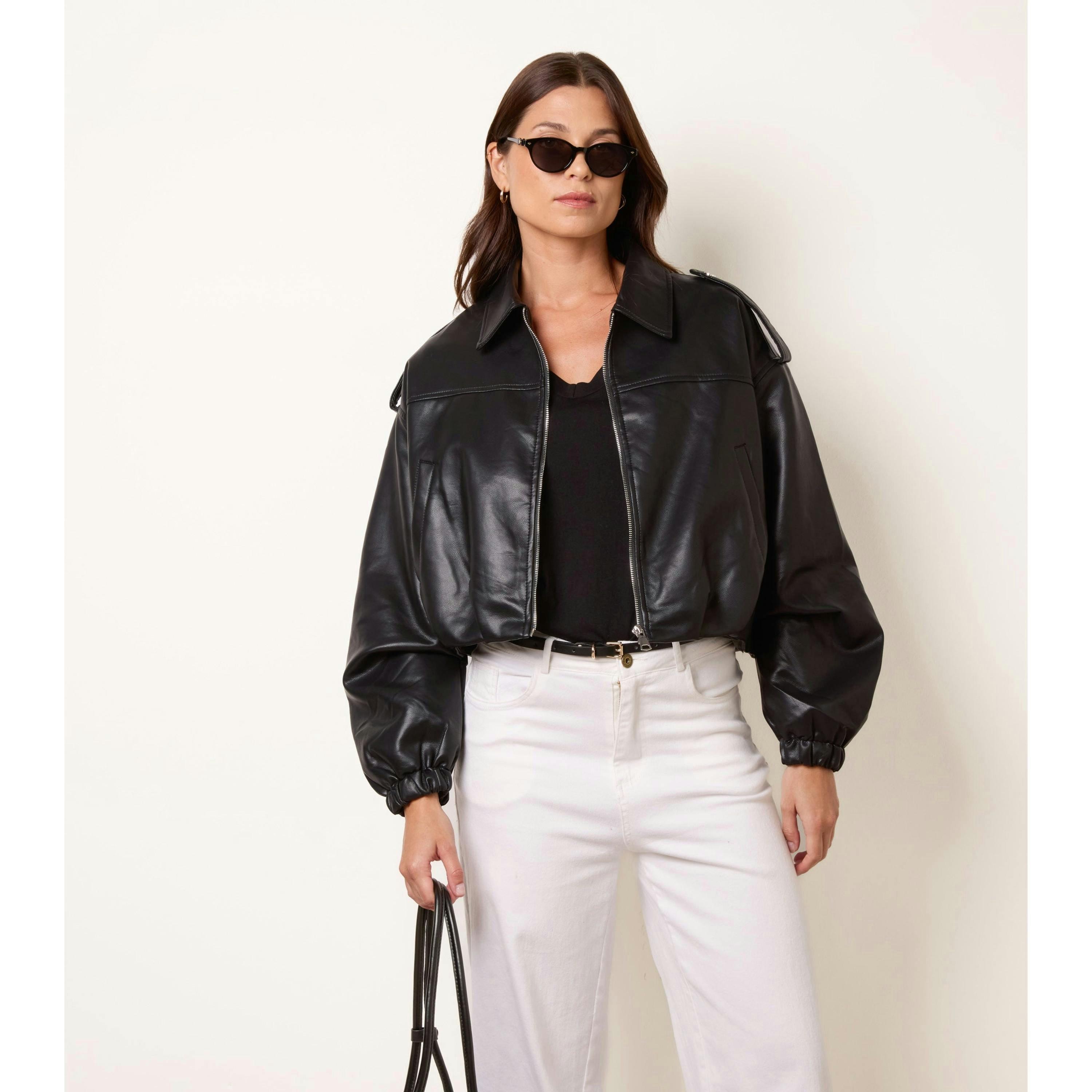 Blue Vanilla Puffball Zip Front PU Leather Jacket  in Black , view 3 of 4