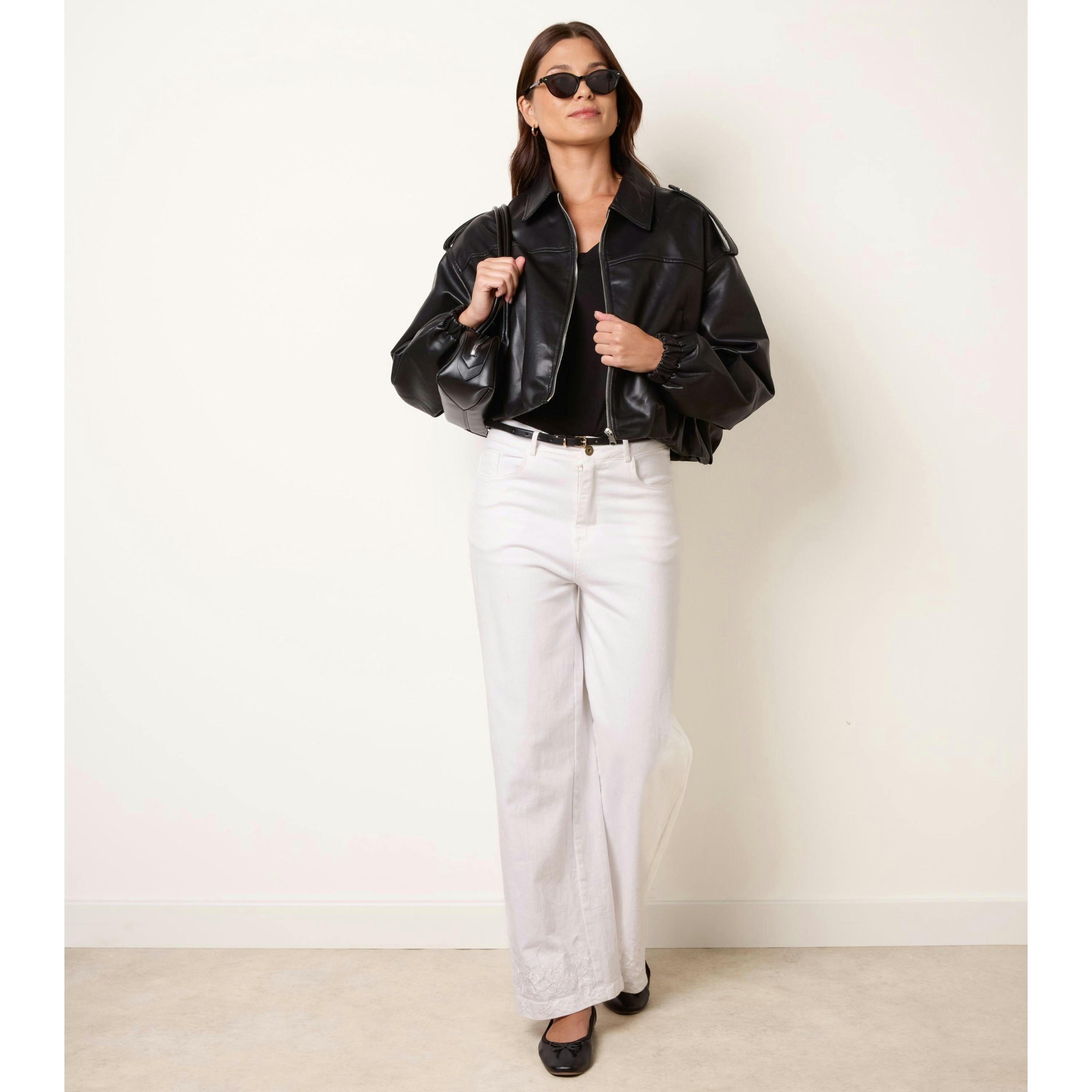 Blue Vanilla Puffball Zip Front PU Leather Jacket  in Black , view 4 of 4