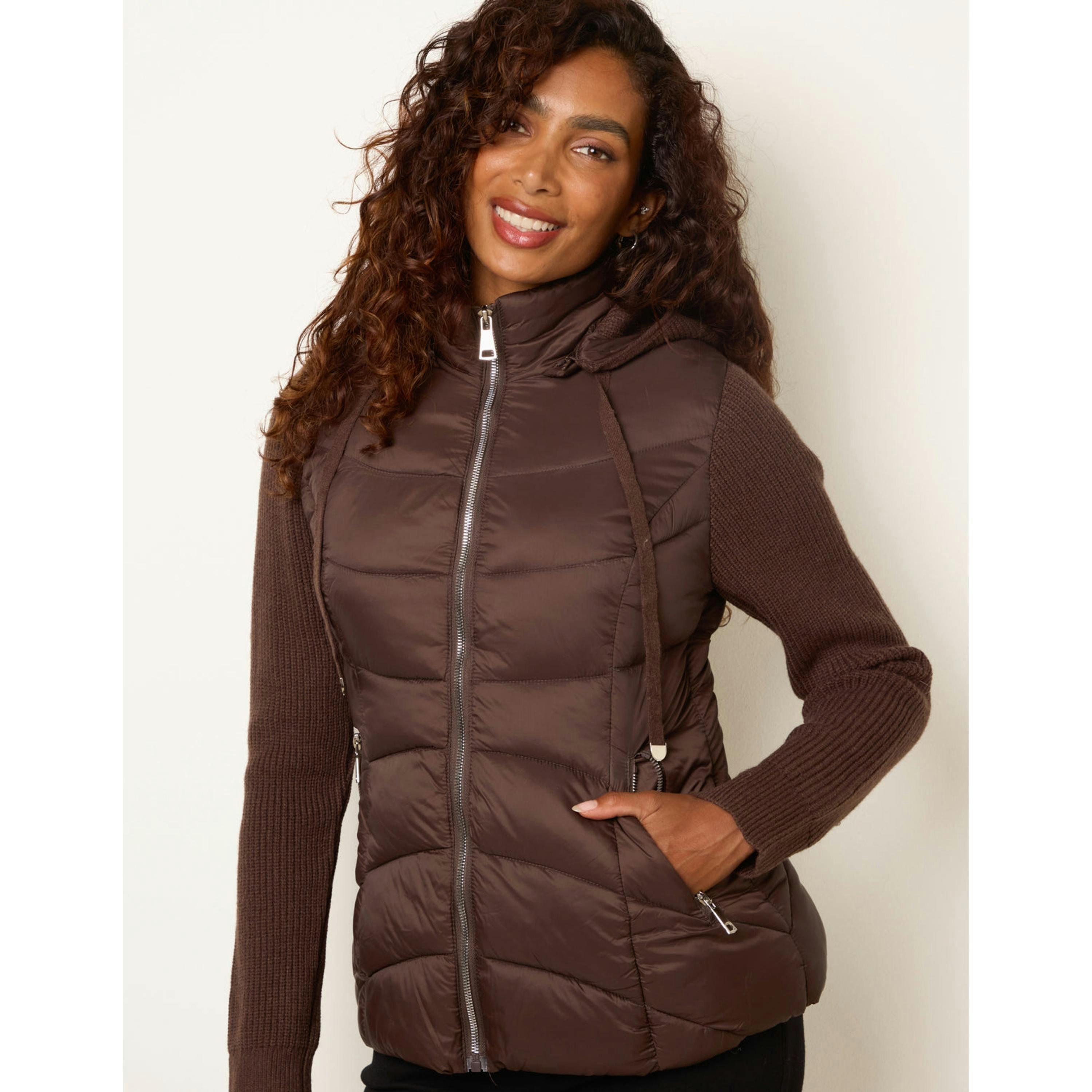 Blue Vanilla Knitted Sleeve Puffer Jacket  in Brown , view 2 of 4