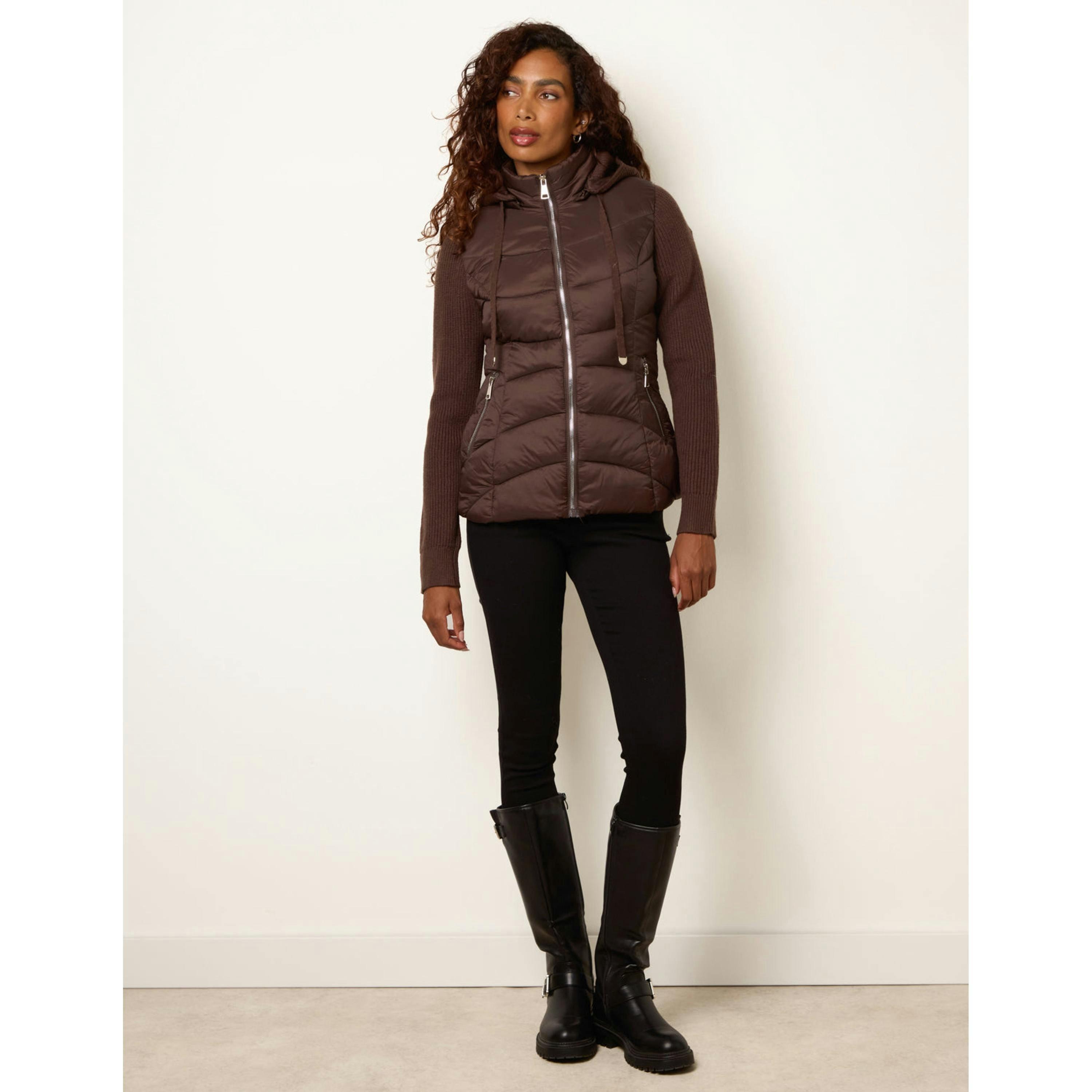 Blue Vanilla Knitted Sleeve Puffer Jacket  in Brown , view 3 of 4