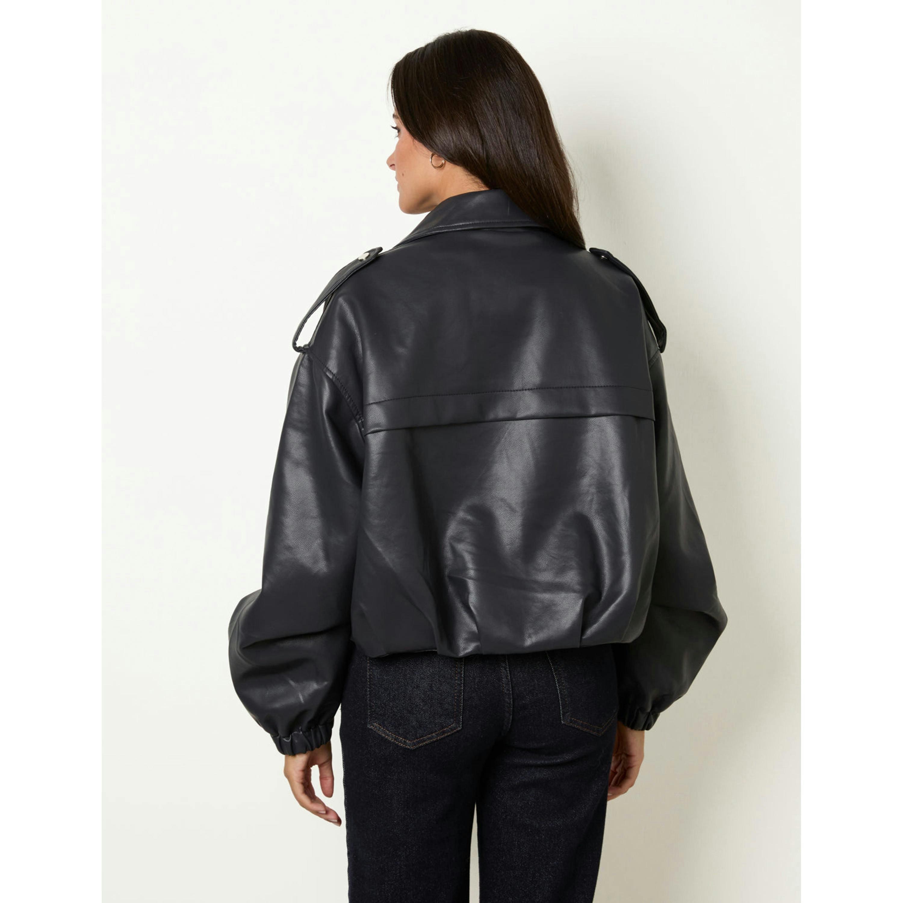 Blue Vanilla Puffball Zip Front PU Leather Jacket  in Navy , view 2 of 4