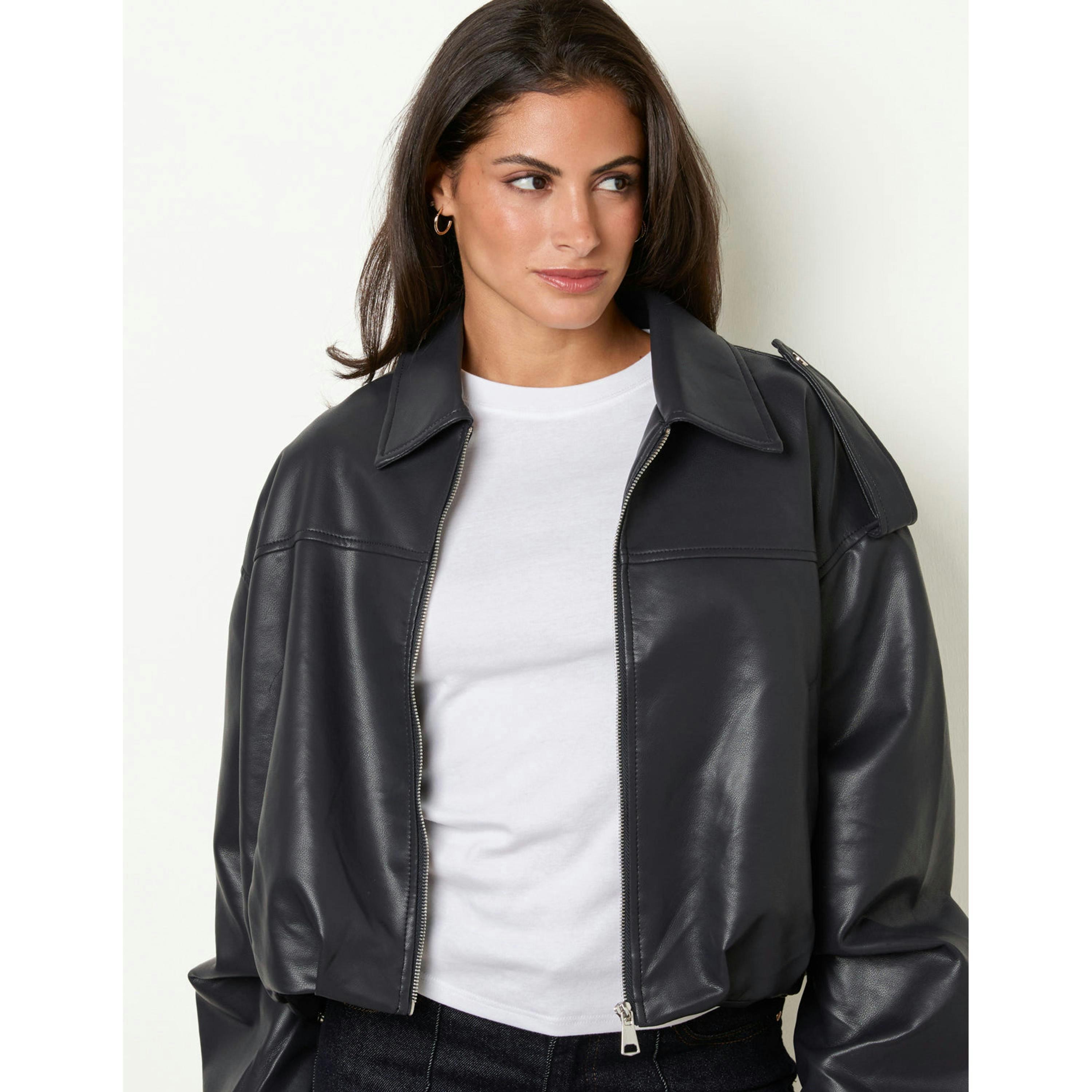 Blue Vanilla Puffball Zip Front PU Leather Jacket  in Navy , view 3 of 4