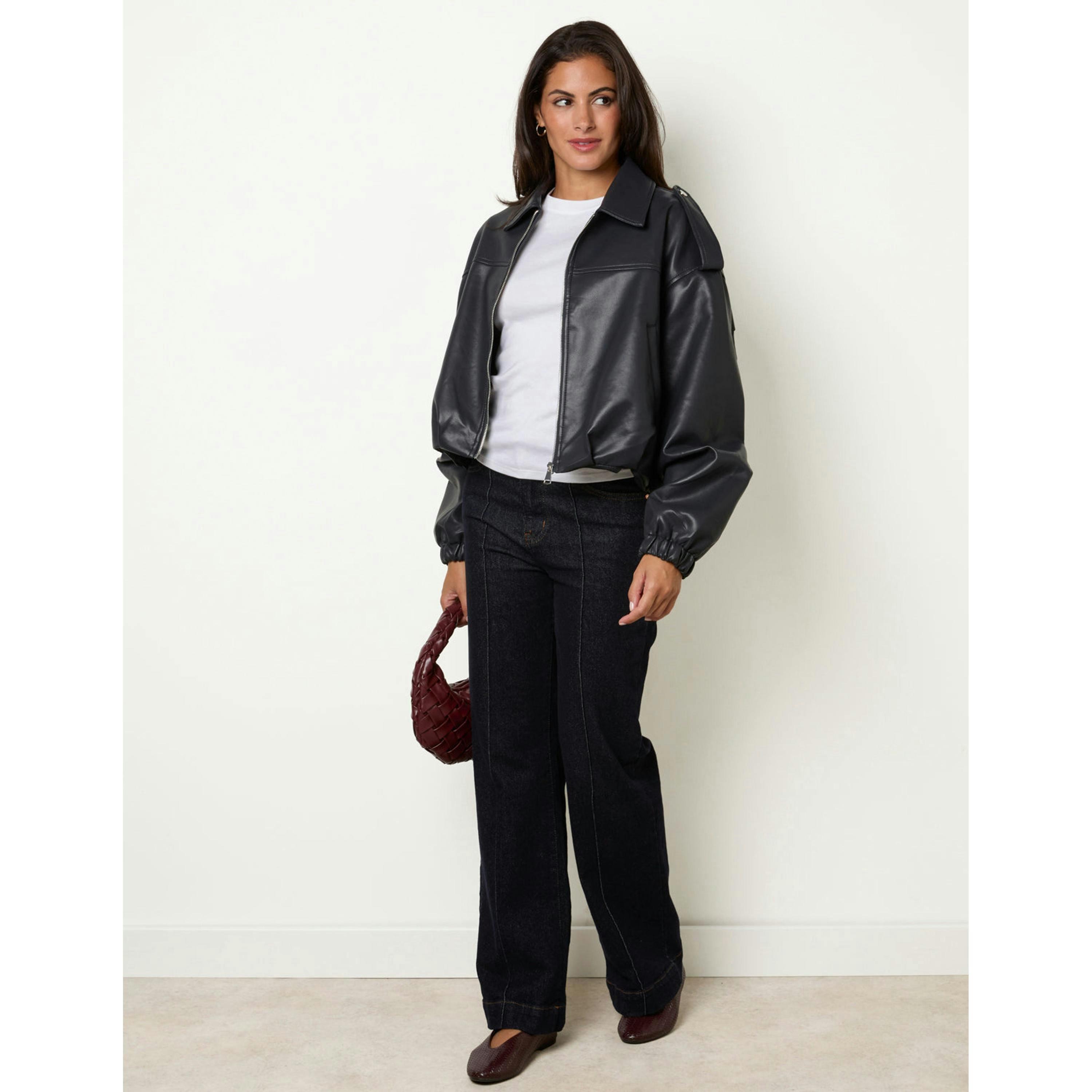 Blue Vanilla Puffball Zip Front PU Leather Jacket  in Navy , view 4 of 4