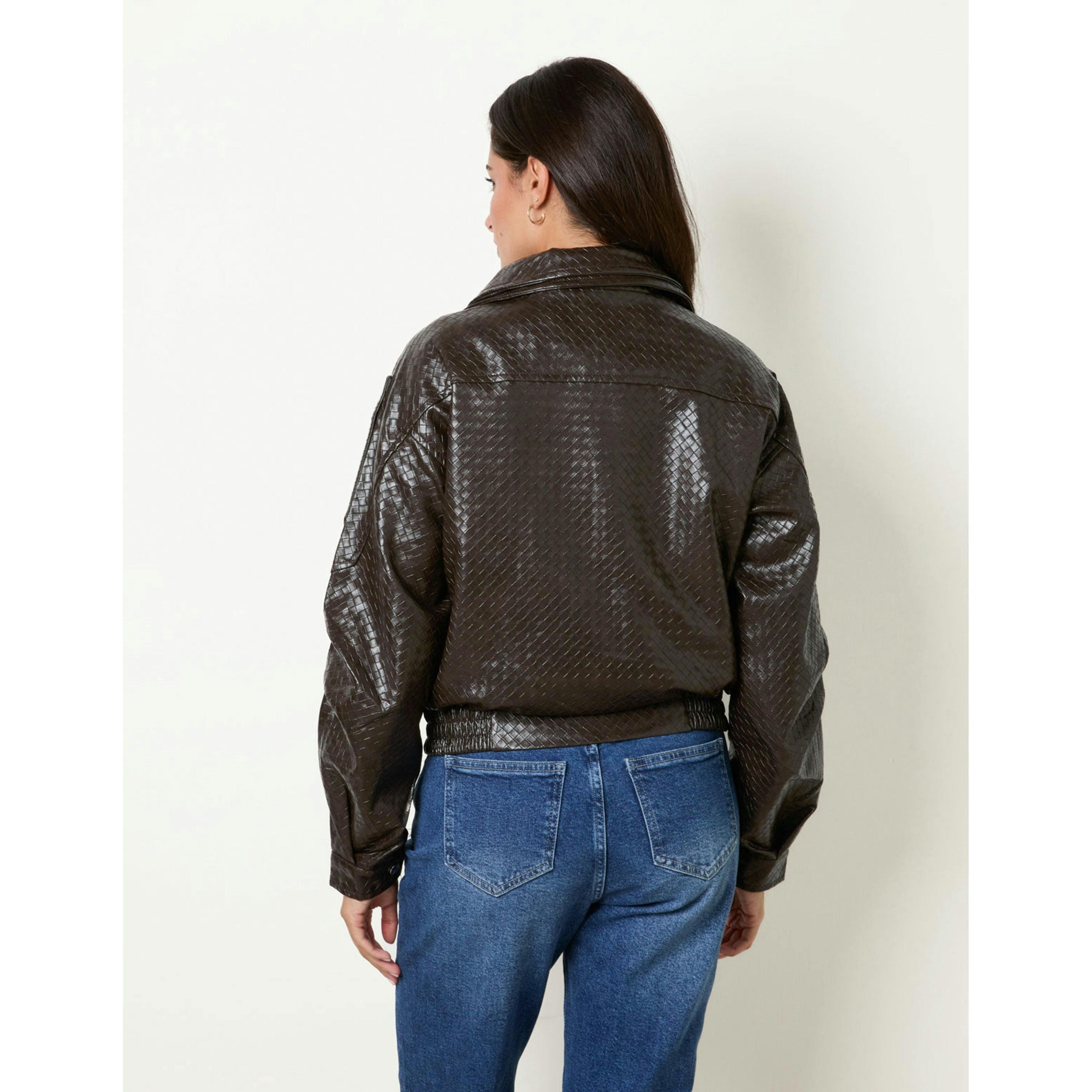Blue Vanilla Textured Pu Biker Jacket  in Brown , view 2 of 5