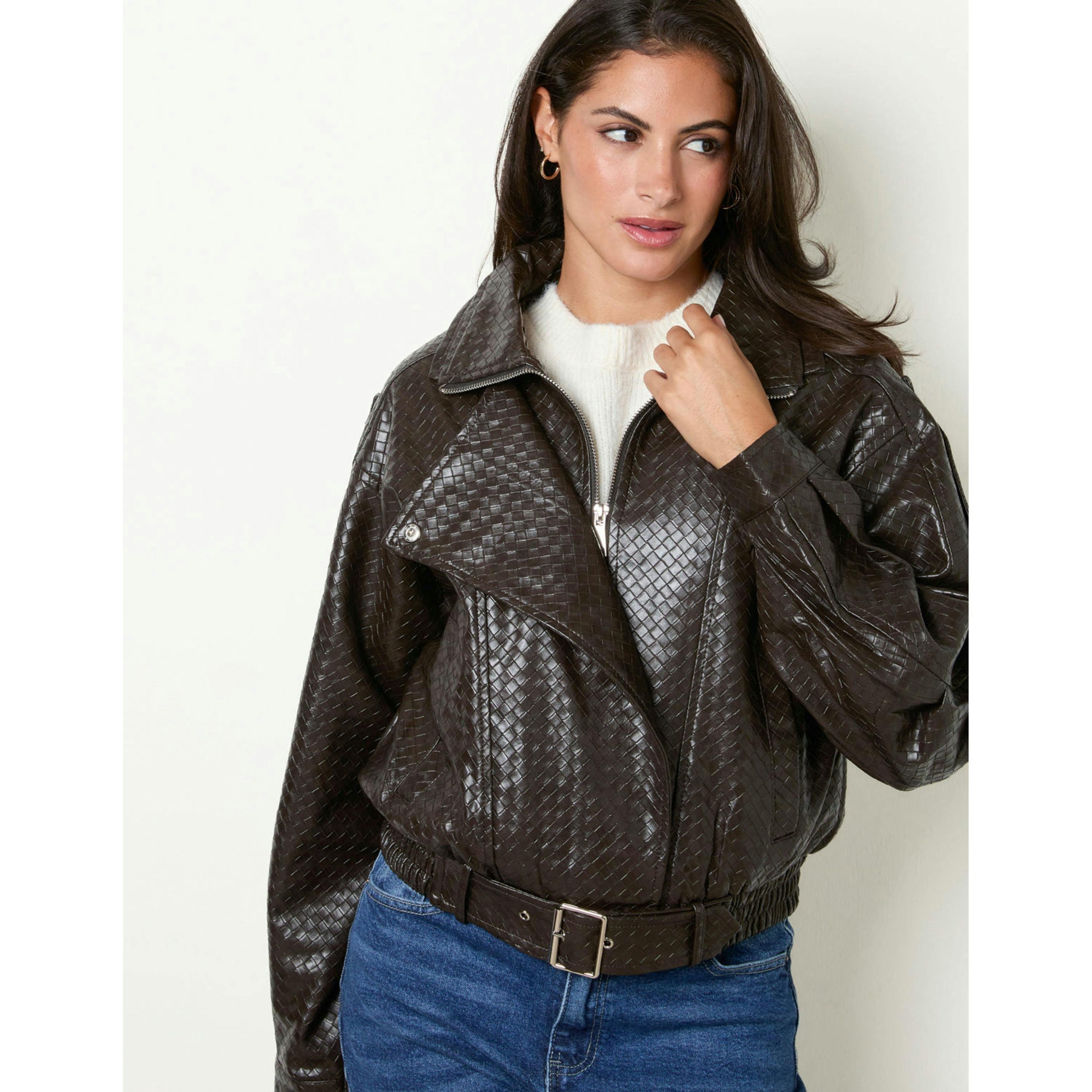 Blue Vanilla Textured Pu Biker Jacket  in Brown , view 3 of 5