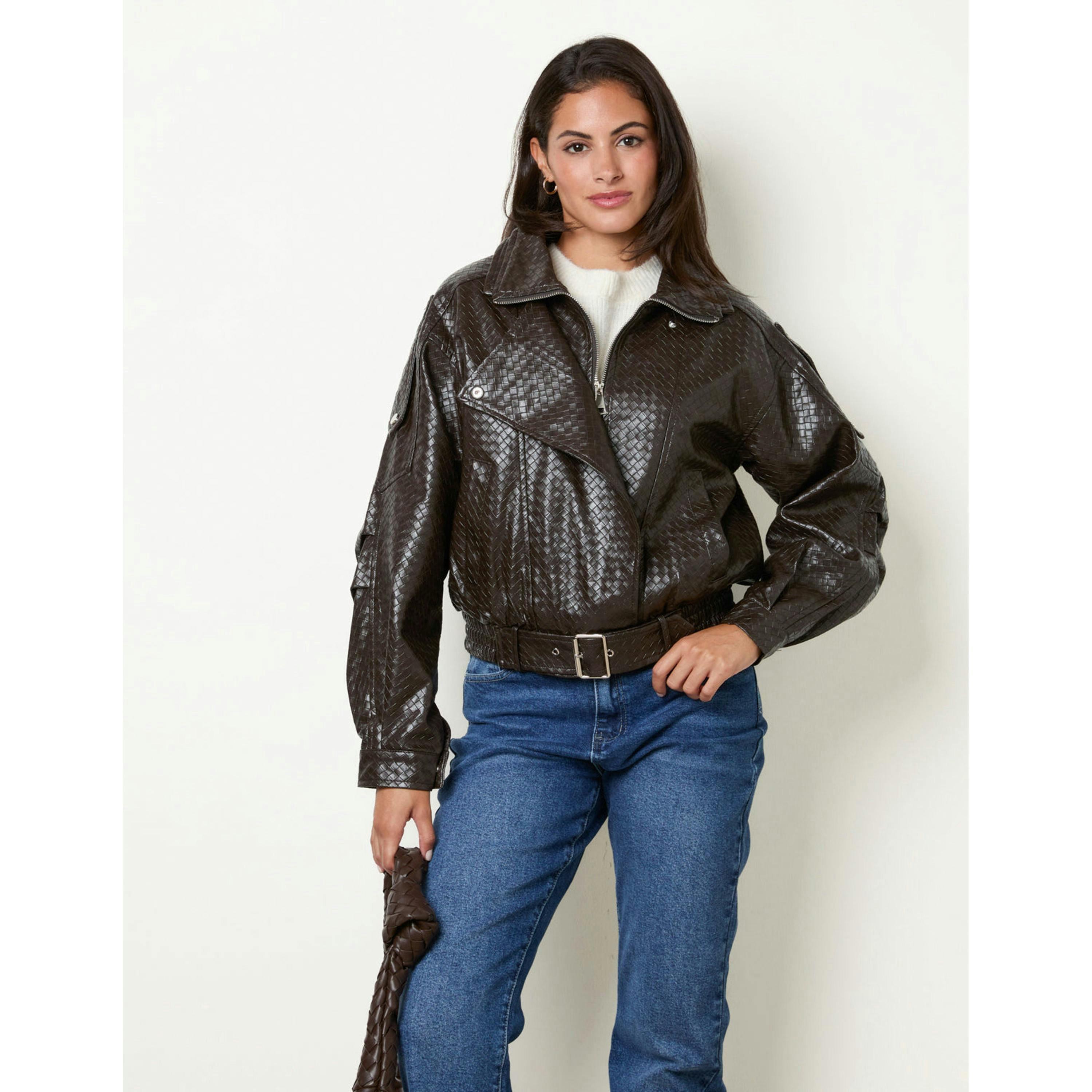 Blue Vanilla Textured Pu Biker Jacket  in Brown , view 4 of 5