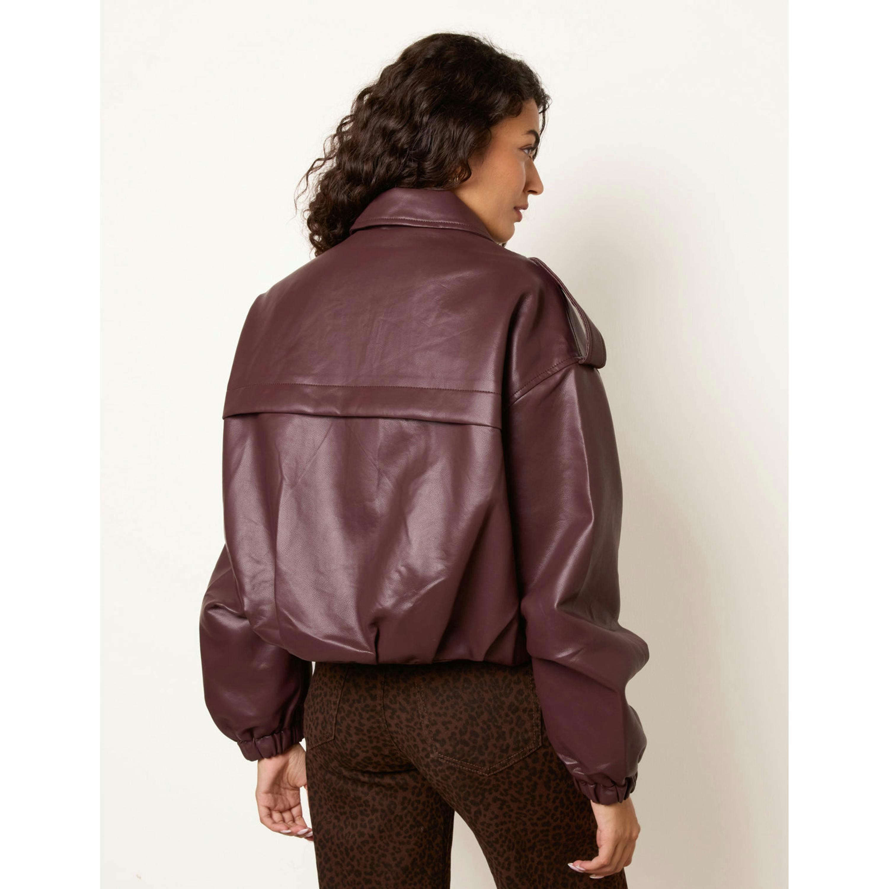 Blue Vanilla Puffball Zip Front PU Leather Jacket  in Wine , view 2 of 4