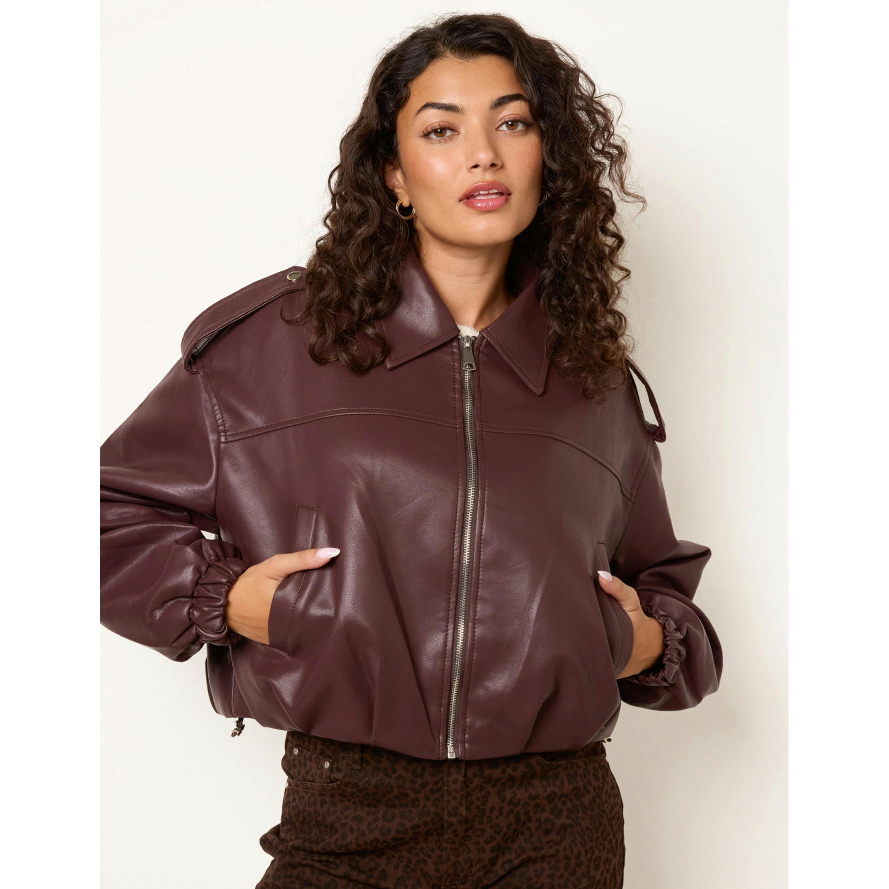 Blue Vanilla Puffball Zip Front PU Leather Jacket  in Wine , view 3 of 4