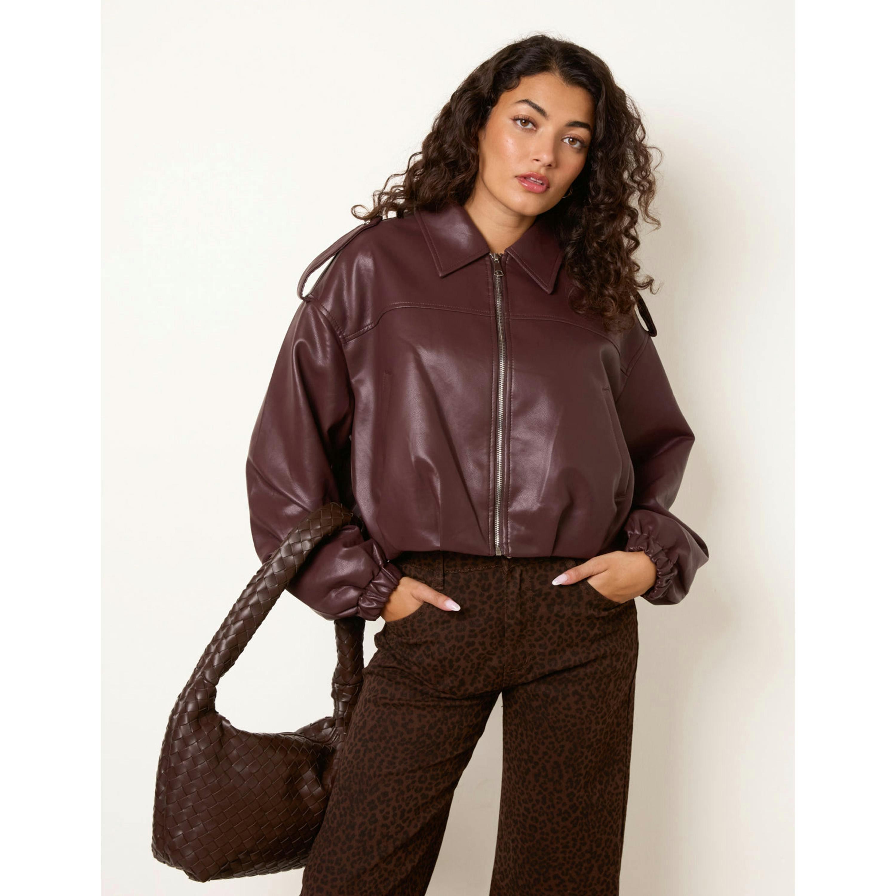Blue Vanilla Puffball Zip Front PU Leather Jacket  in Wine , view 4 of 4