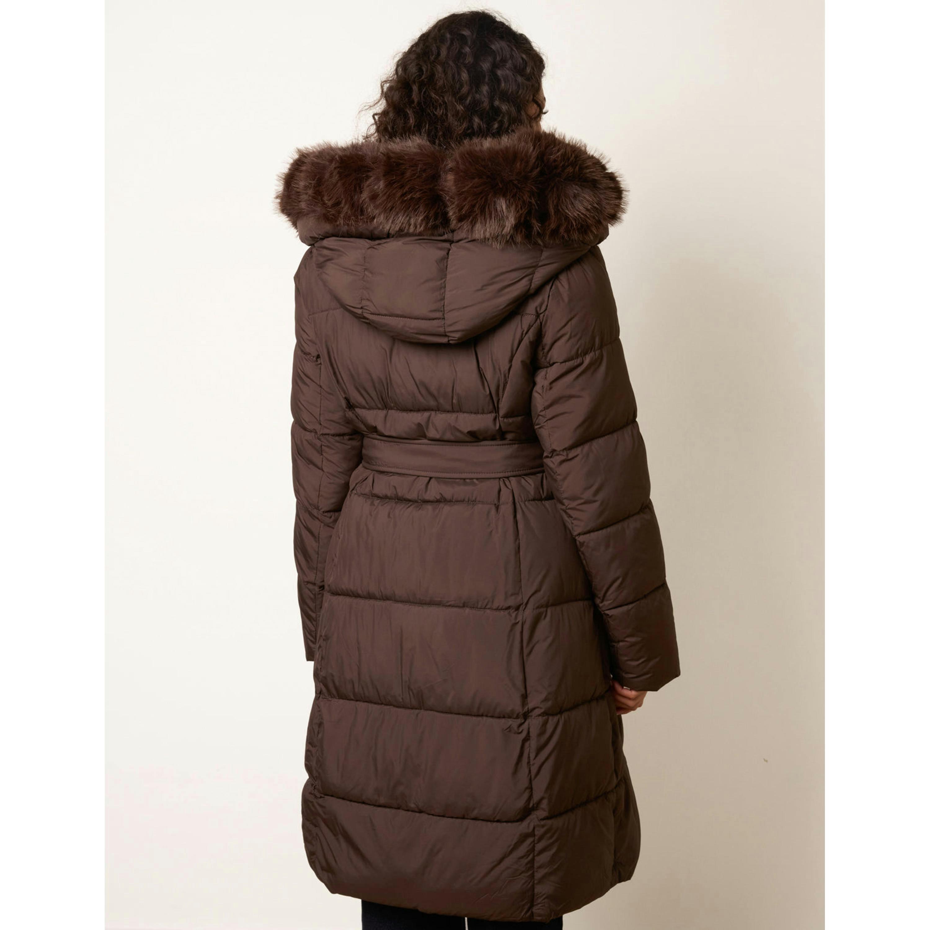 Blue Vanilla Pelted Faux Fur Hood Longline Puffer  in Brown , view 2 of 4