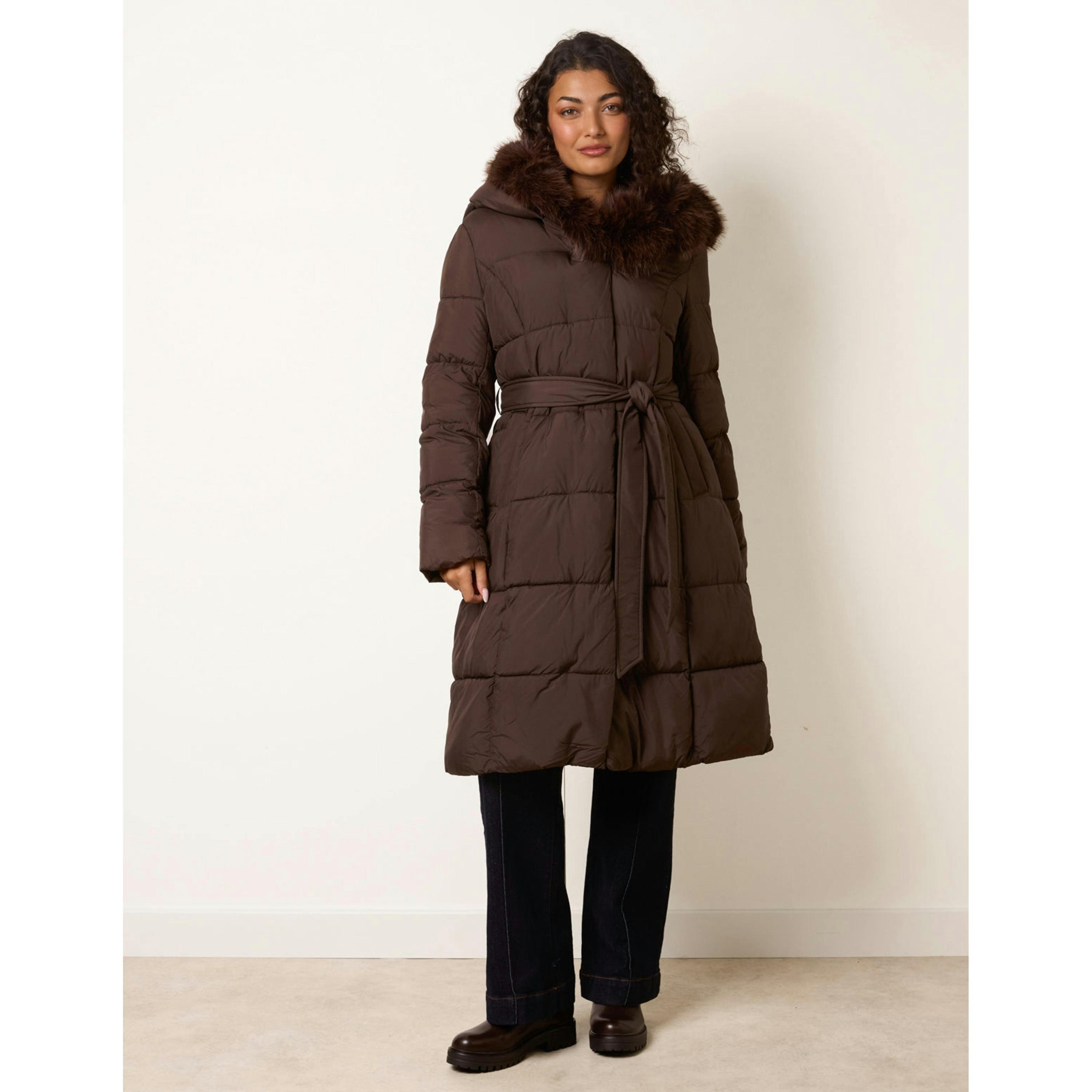 Blue Vanilla Pelted Faux Fur Hood Longline Puffer  in Brown , view 3 of 4
