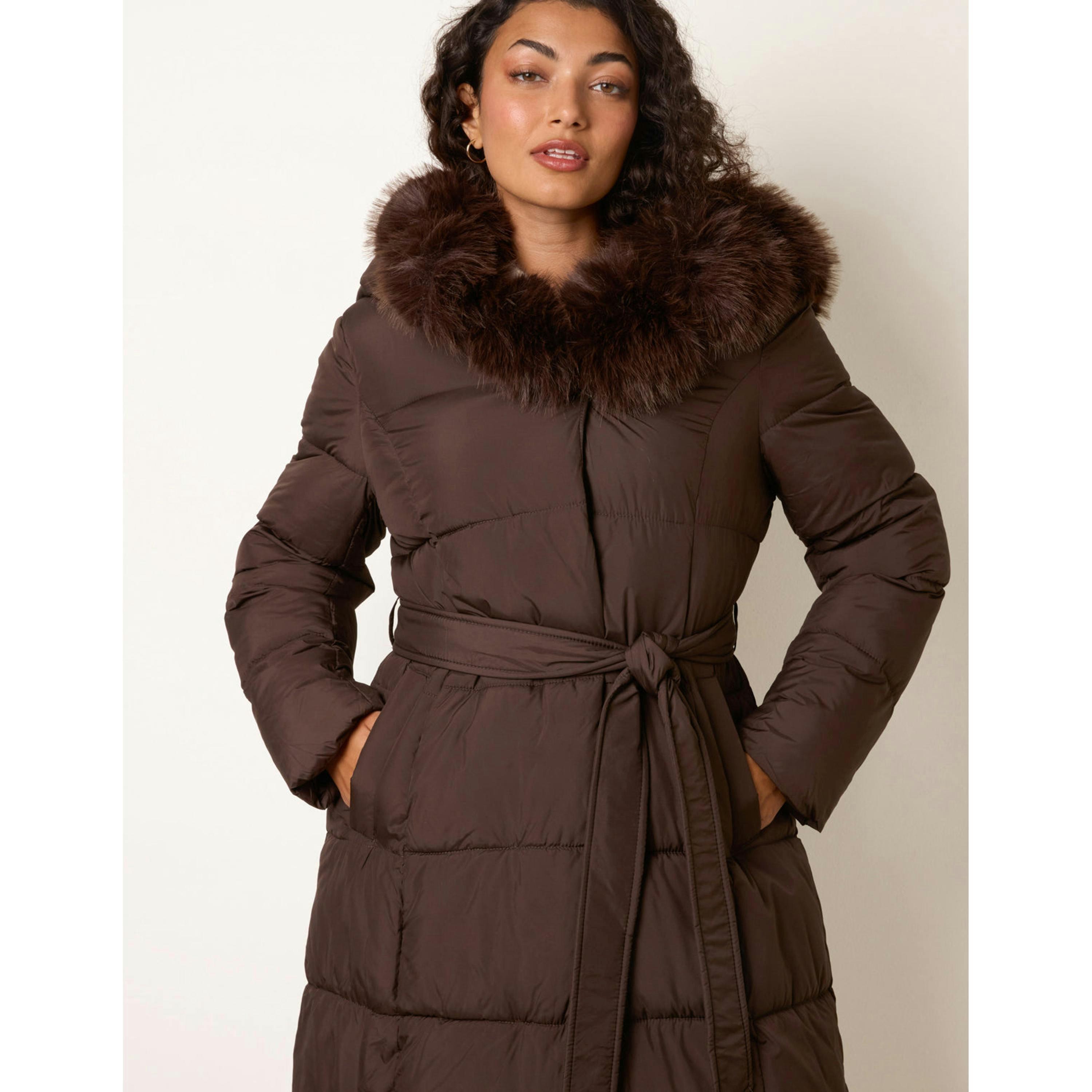 Blue Vanilla Pelted Faux Fur Hood Longline Puffer  in Brown , view 4 of 4