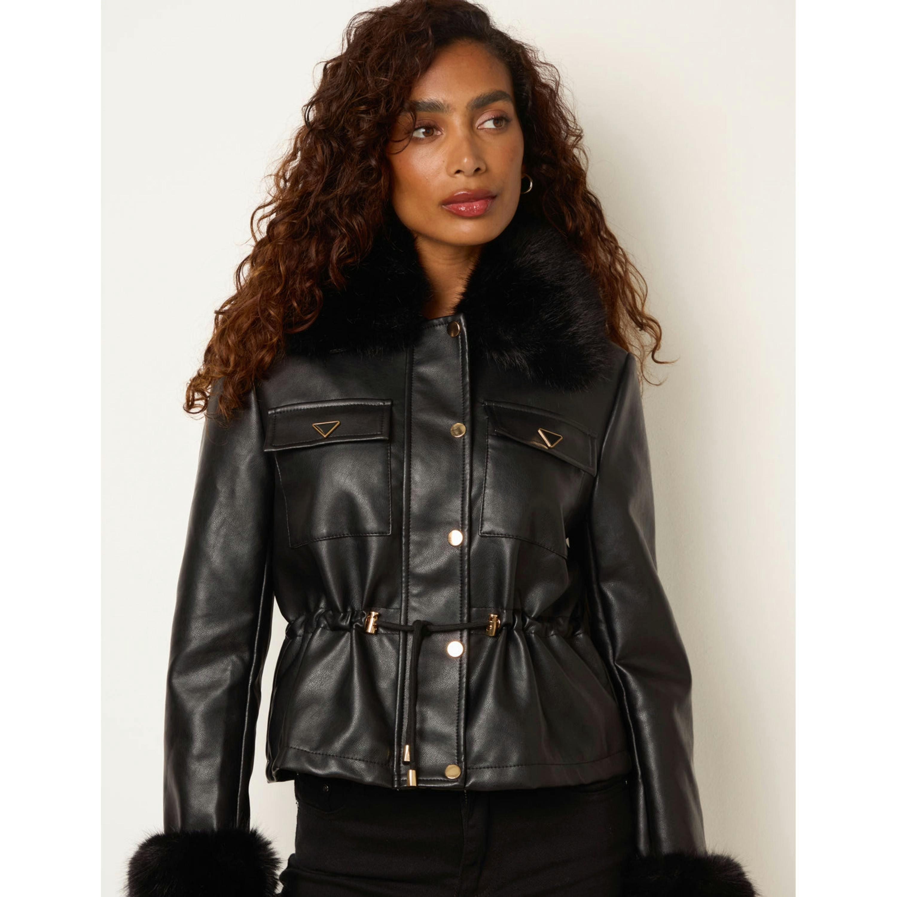 Blue Vanilla Faux Fur Trimmed Jacket  in Black , view 3 of 4