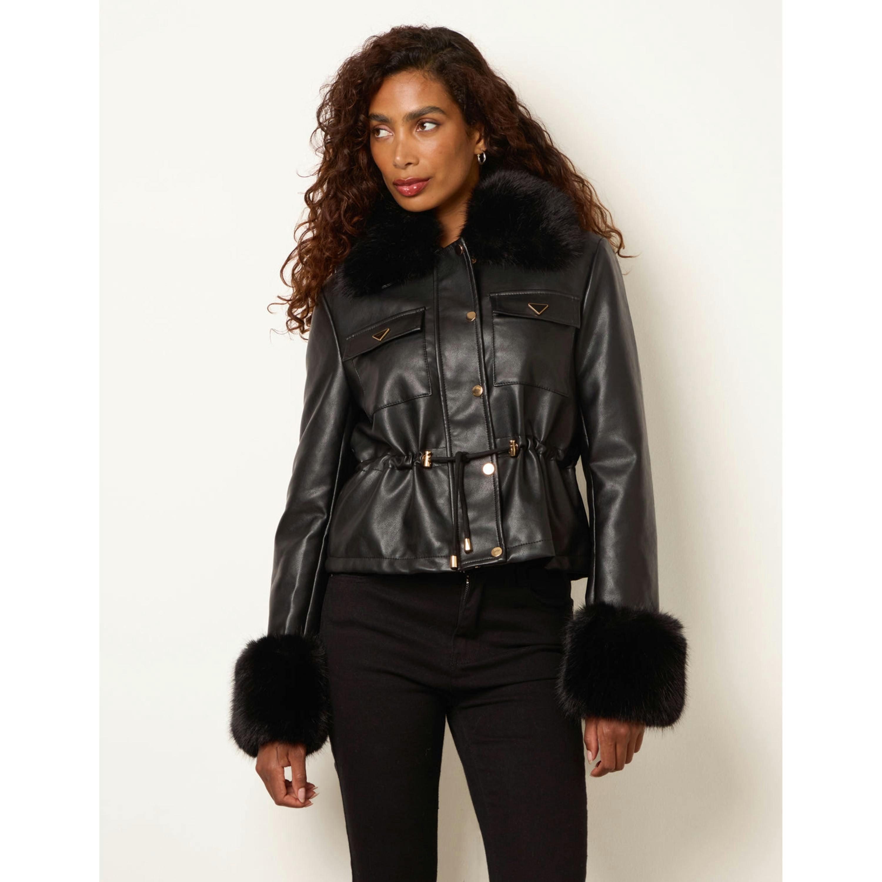 Blue Vanilla Faux Fur Trimmed Jacket  in Black , view 4 of 4