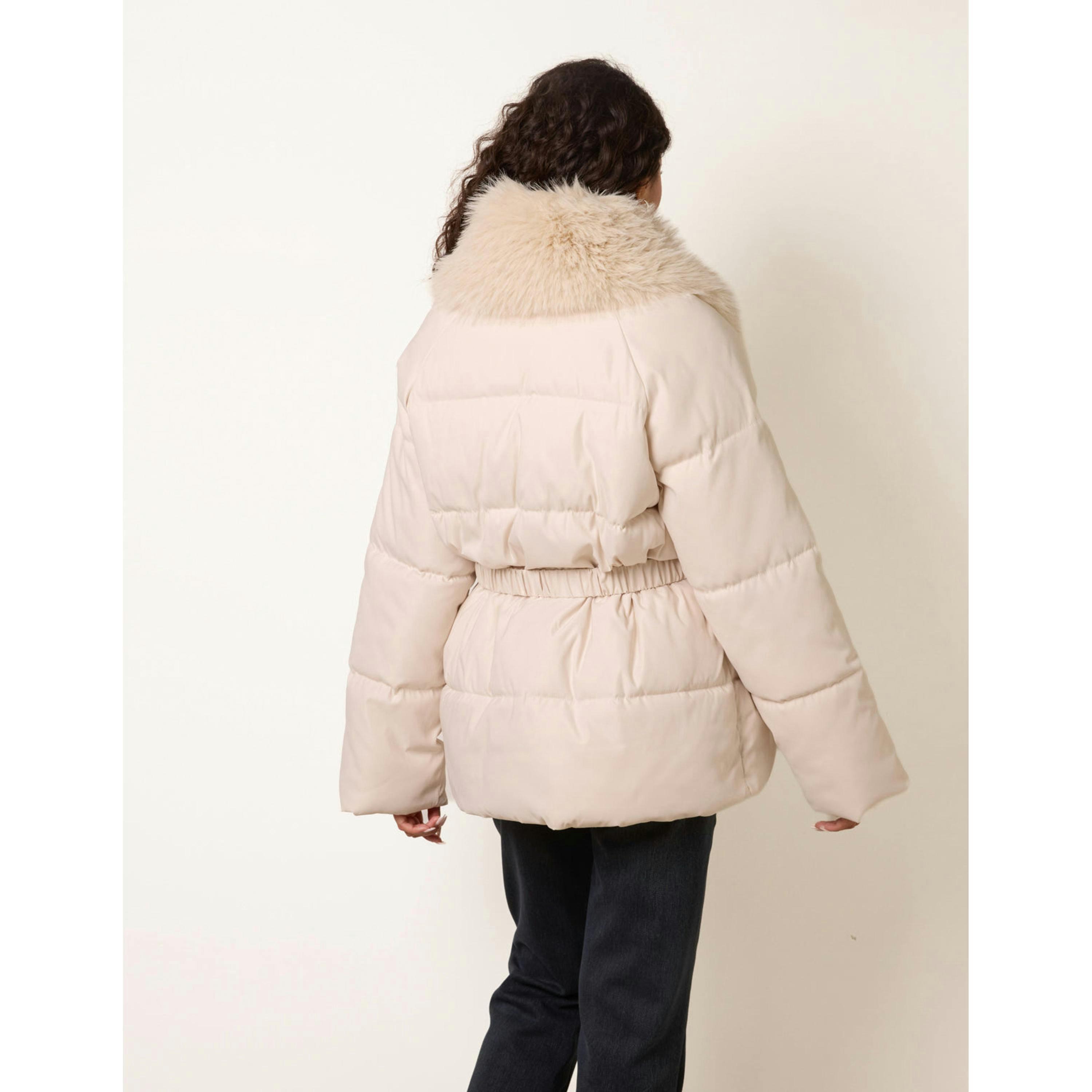 Blue Vanilla Shawl Faux Fur Collar Belted Short Puffer  in Stone , view 2 of 4
