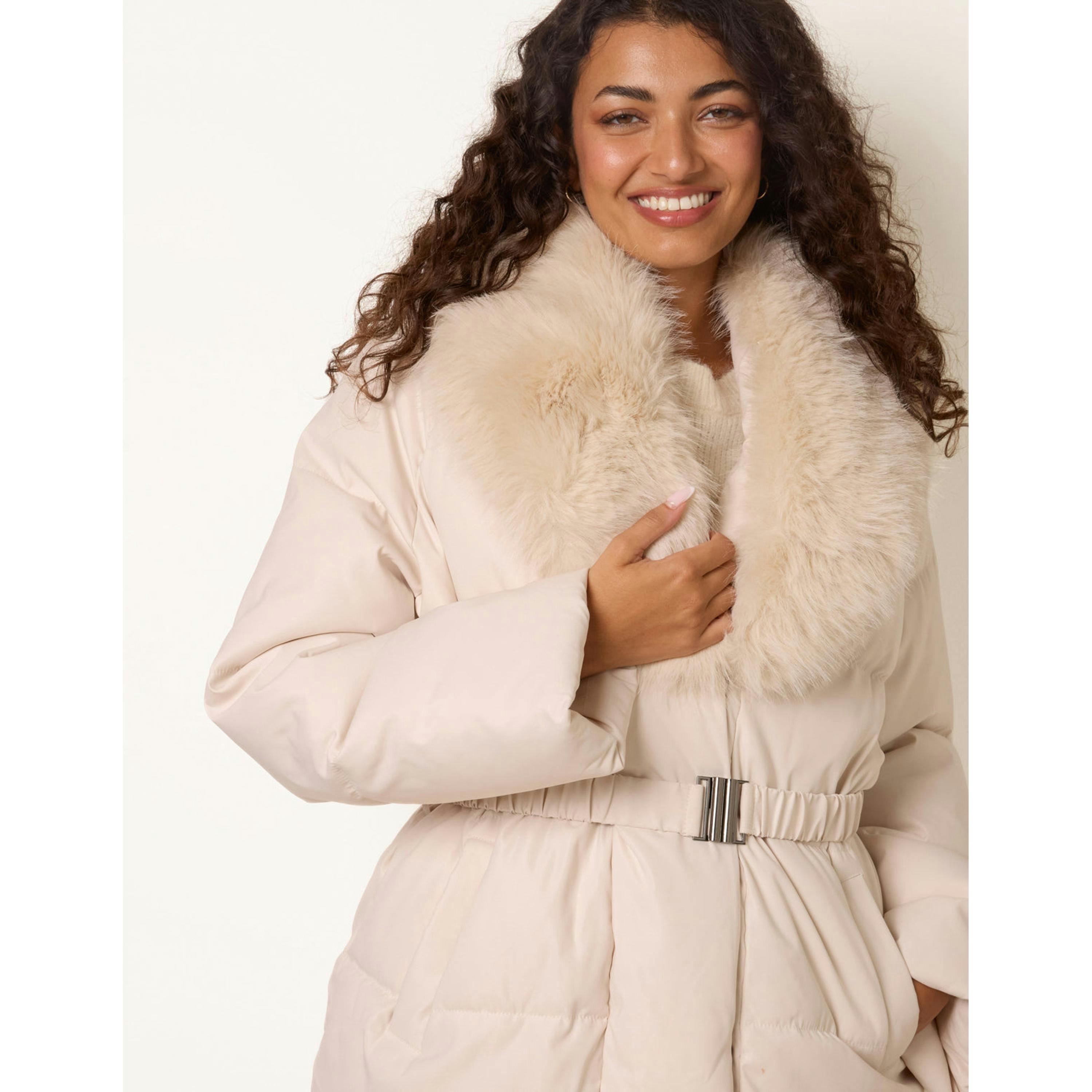 Blue Vanilla Shawl Faux Fur Collar Belted Short Puffer  in Stone , view 3 of 4