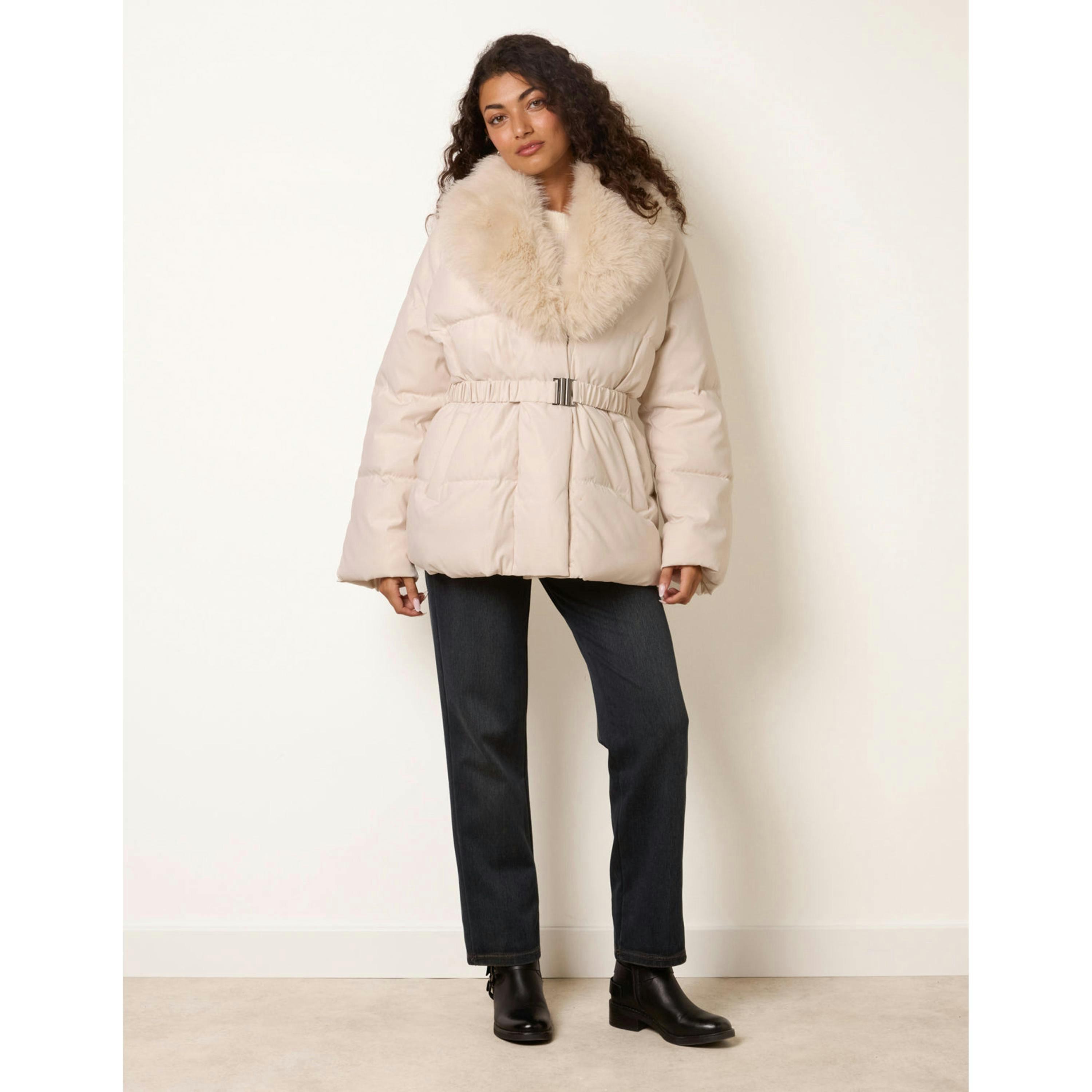 Blue Vanilla Shawl Faux Fur Collar Belted Short Puffer  in Stone , view 4 of 4