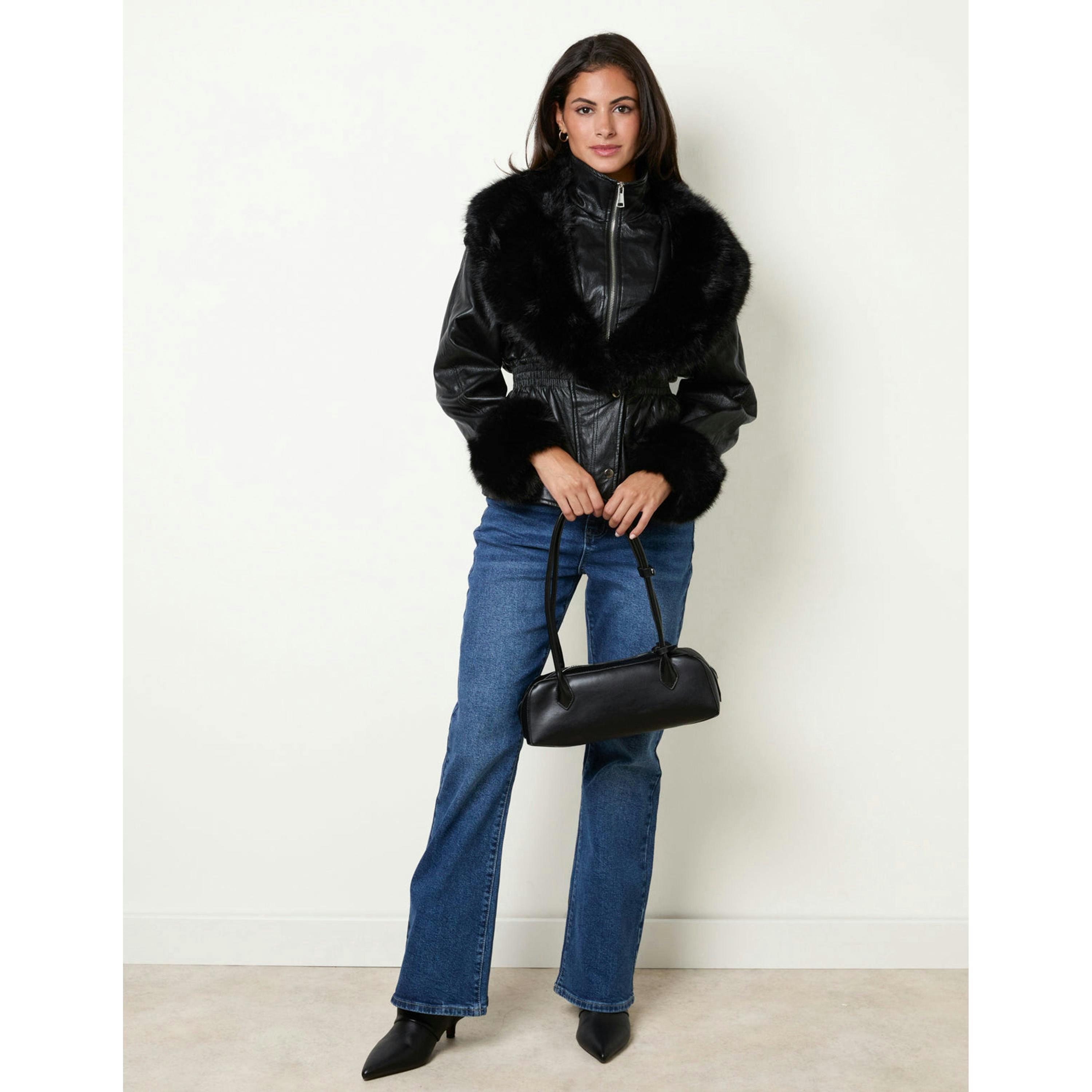 Blue Vanilla Zip Front Faux Fur Collar Waisted Jacket  in Black , view 3 of 4