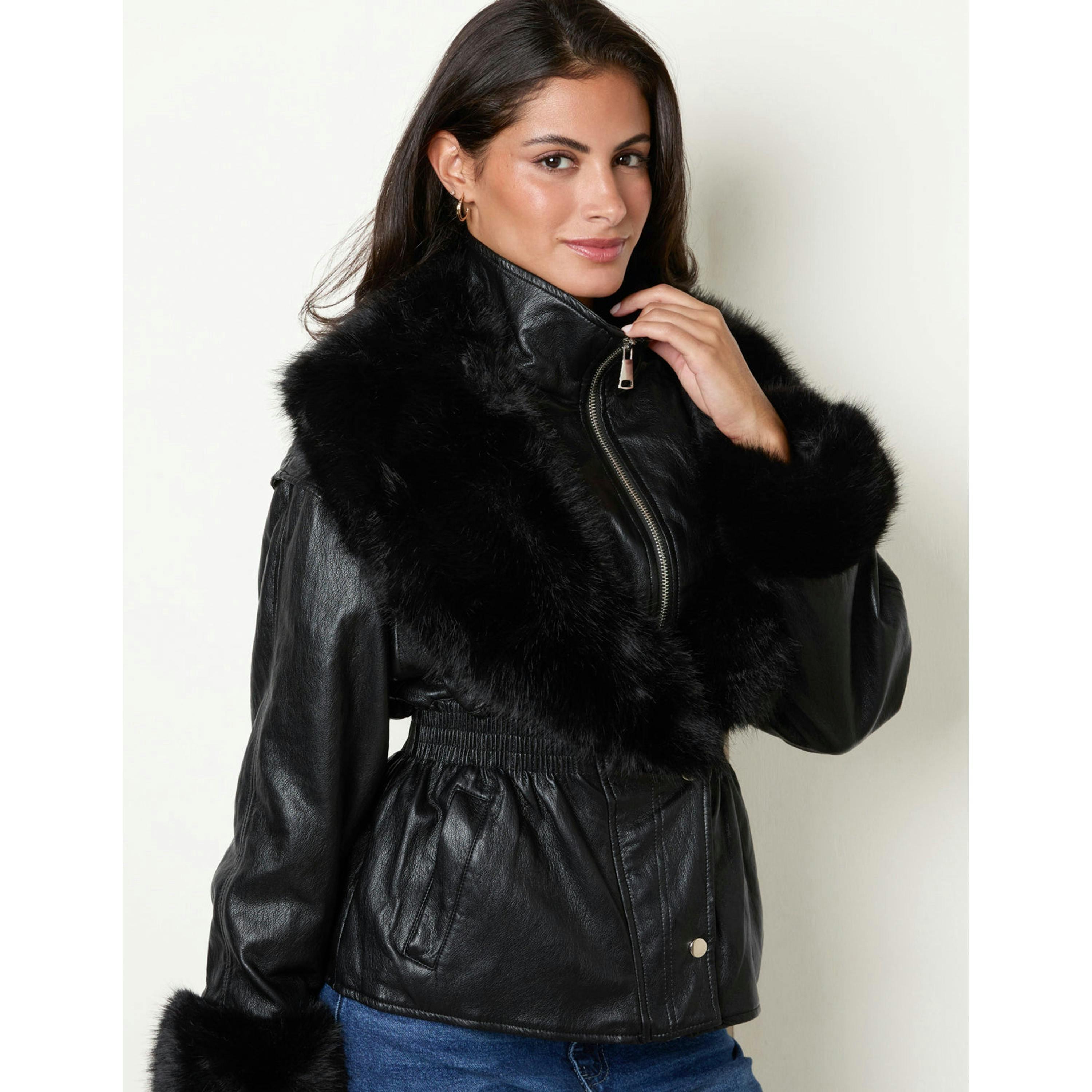 Blue Vanilla Zip Front Faux Fur Collar Waisted Jacket  in Black , view 4 of 4