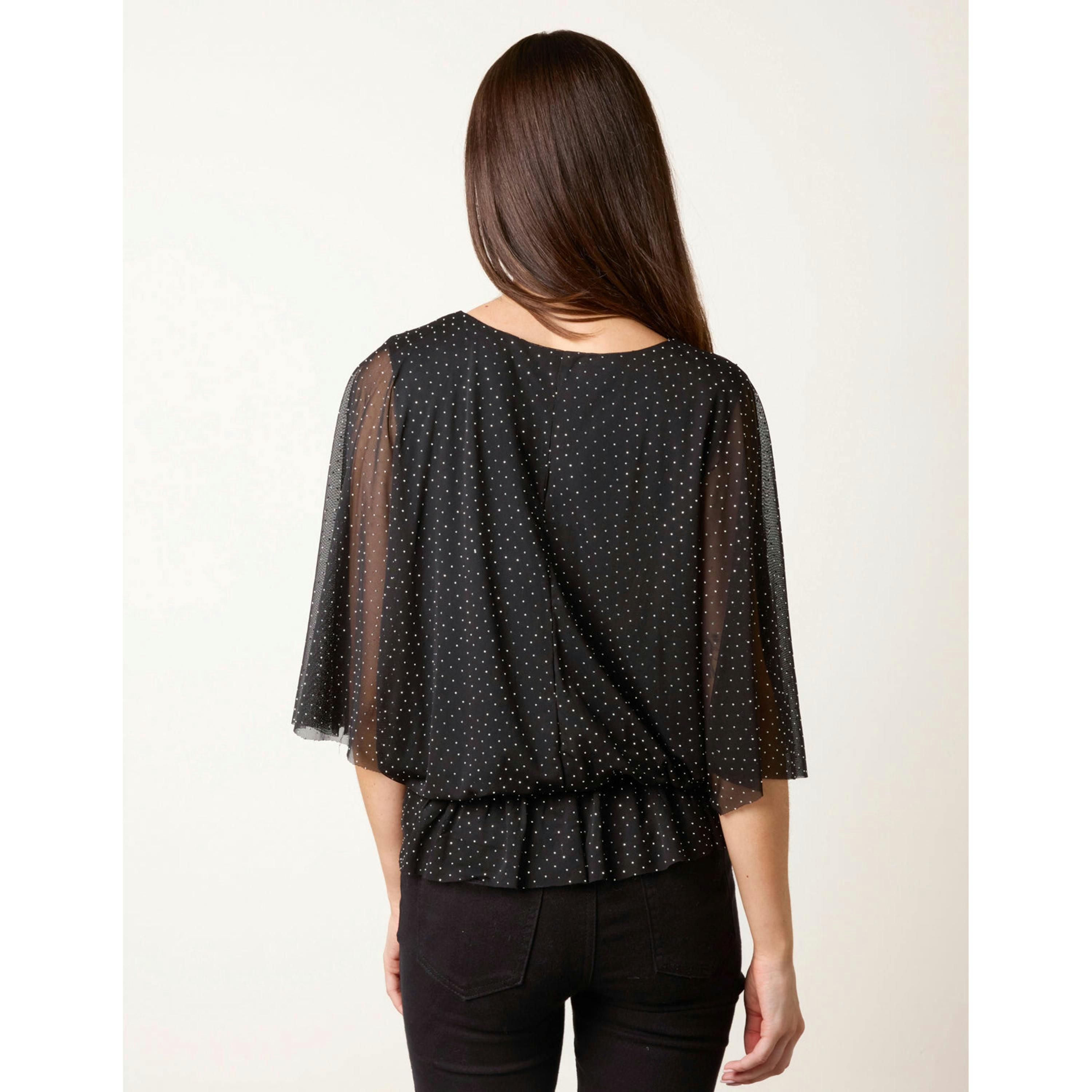 Blue Vanilla Mesh Diamante Batwing Top  in Black , view 2 of 4