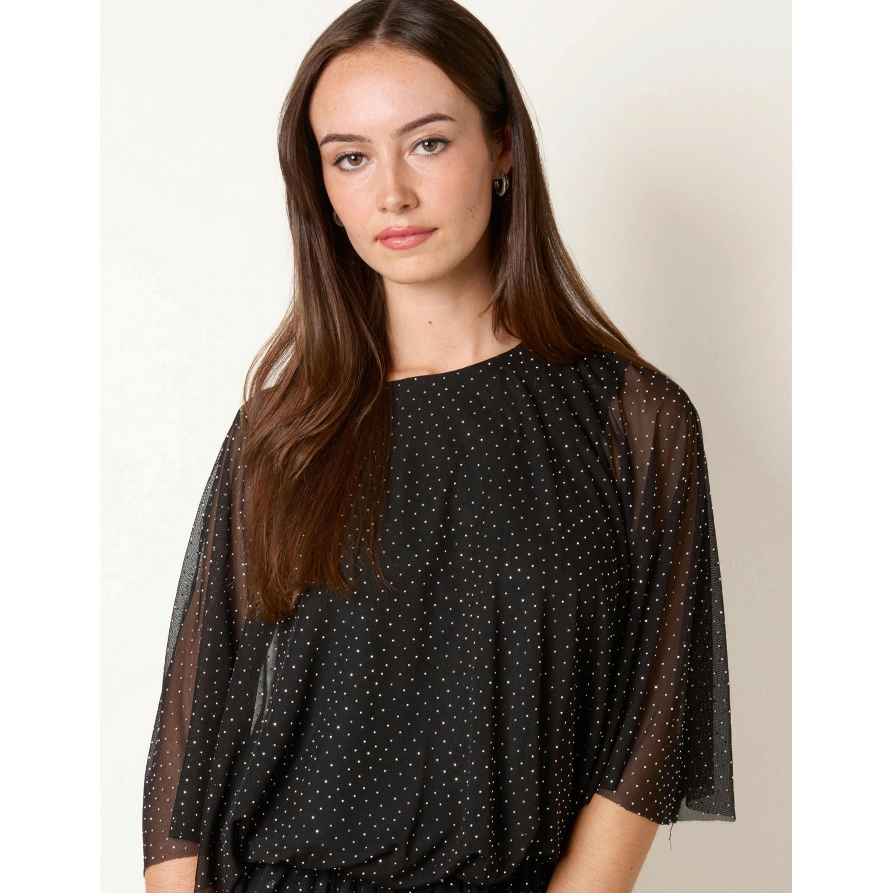 Blue Vanilla Mesh Diamante Batwing Top  in Black , view 3 of 4