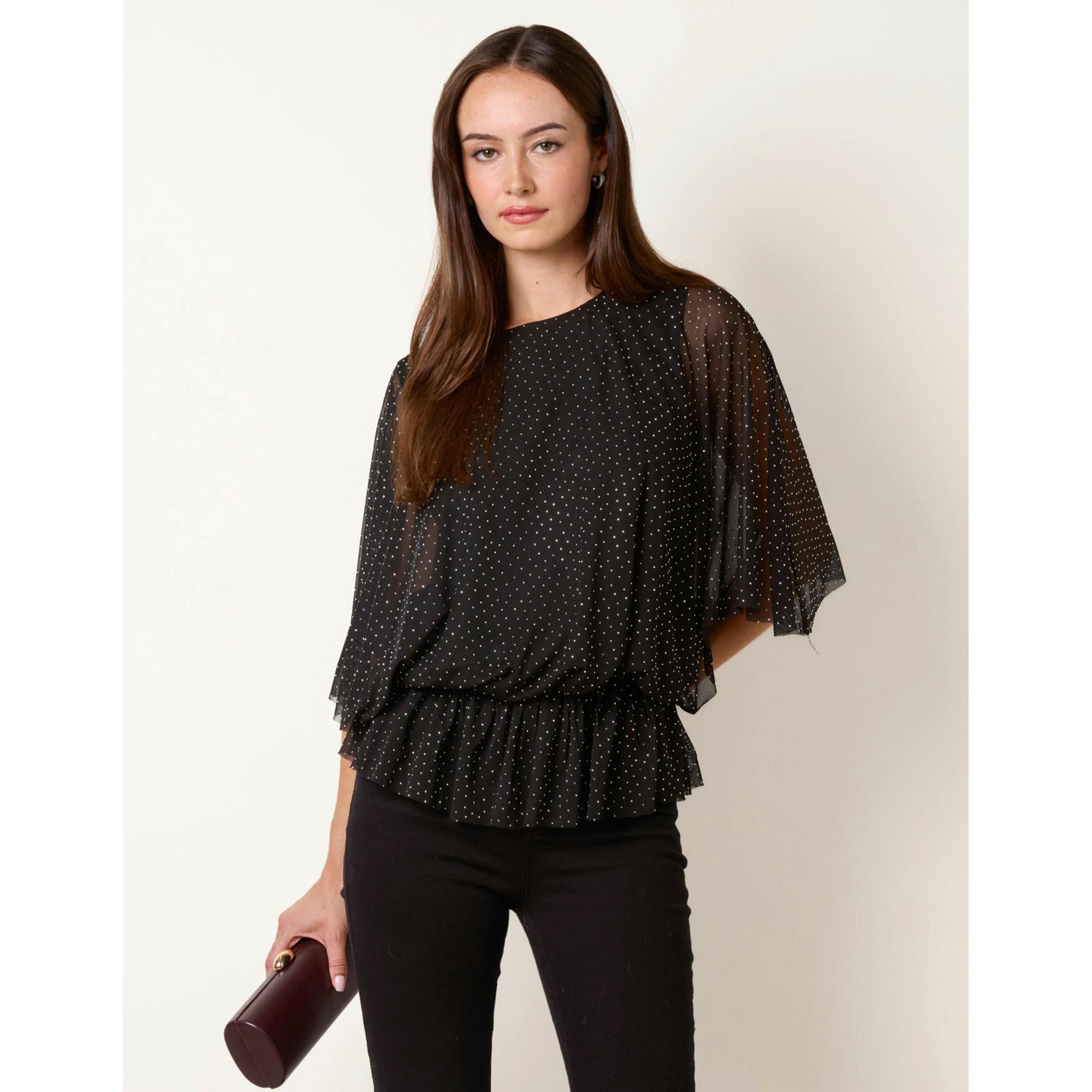Blue Vanilla Mesh Diamante Batwing Top  in Black , view 4 of 4