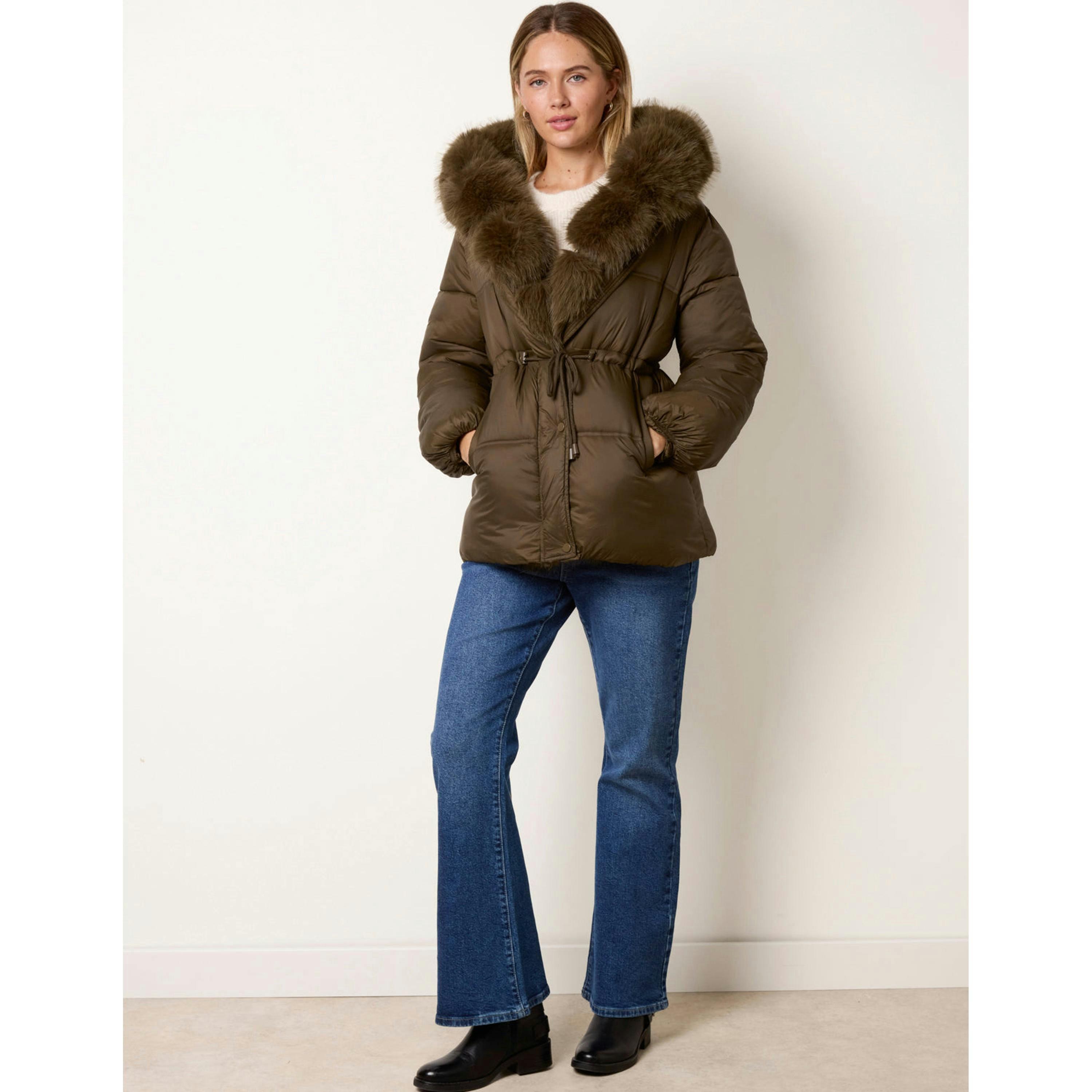 Blue Vanilla Drawcord Waist Faux Fur Hooded Coat  in Khaki , view 4 of 4