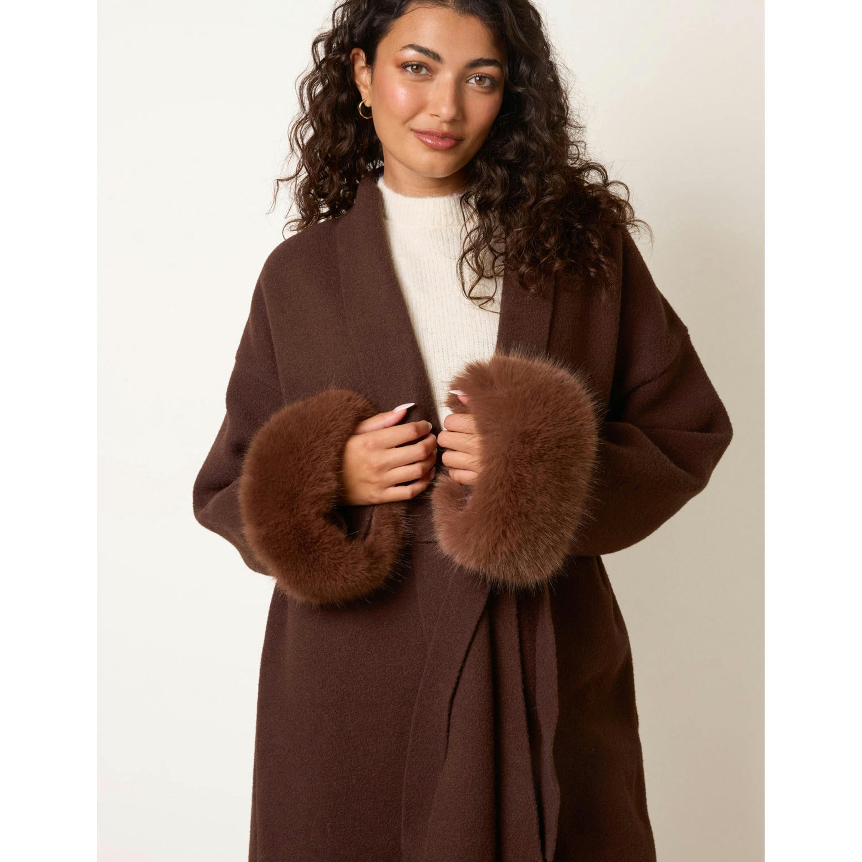 Blue Vanilla Wrap Coat With Faux Fur Cuffs  in Brown , view 3 of 4