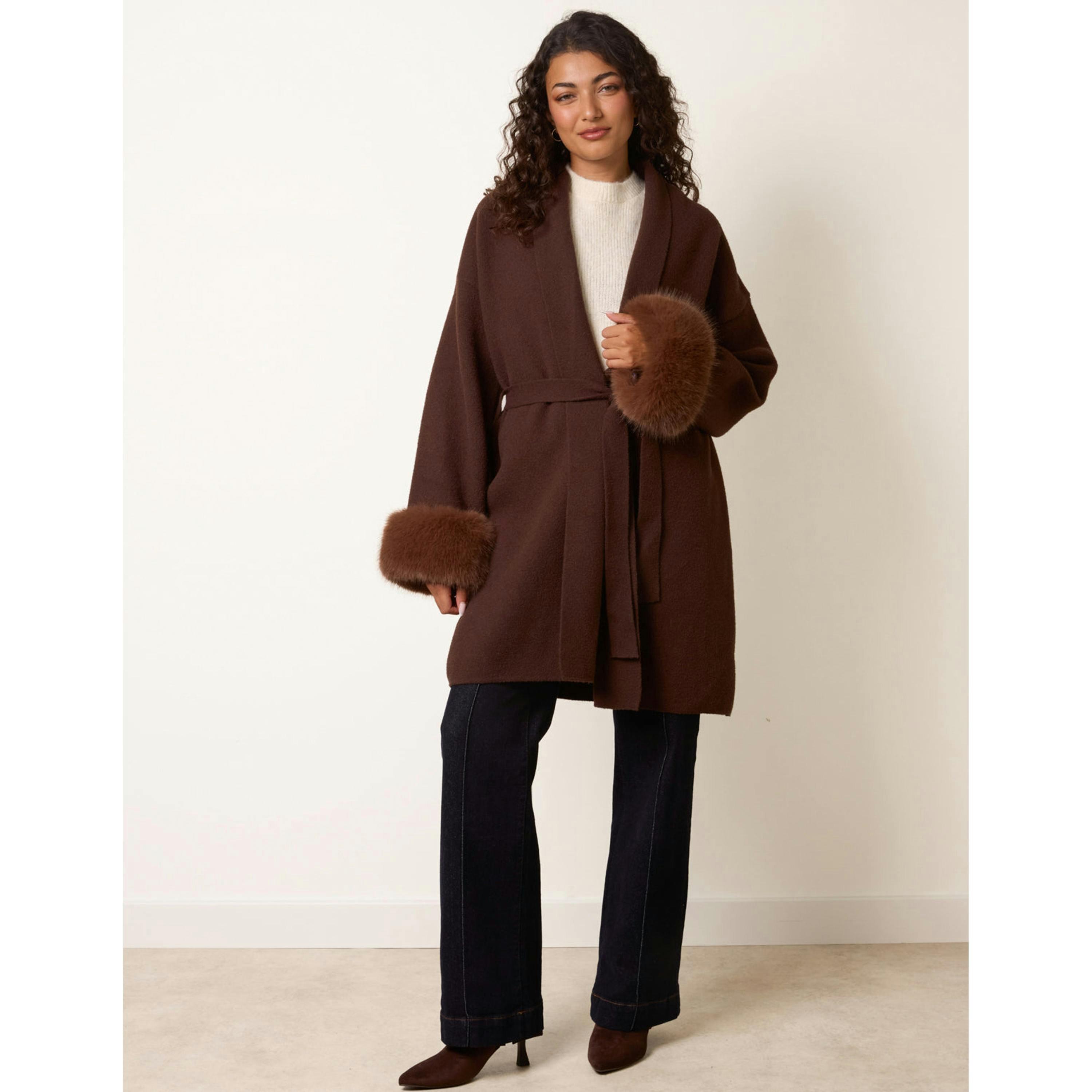 Blue Vanilla Wrap Coat With Faux Fur Cuffs  in Brown , view 4 of 4